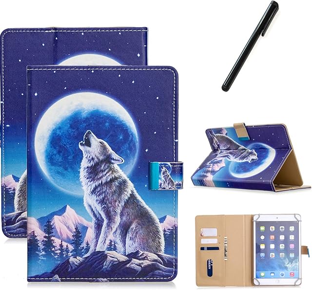 HereMore Universal Case for 10 Inch Tablet with Pen, Leather Stand Cover Protective Shell for Fusion5 10.1, iPad 10.2", Samsung Tab A 10.1/S2 9.7", Huawei MediaPad T3 10, Lenovo Tab E10, Wolf