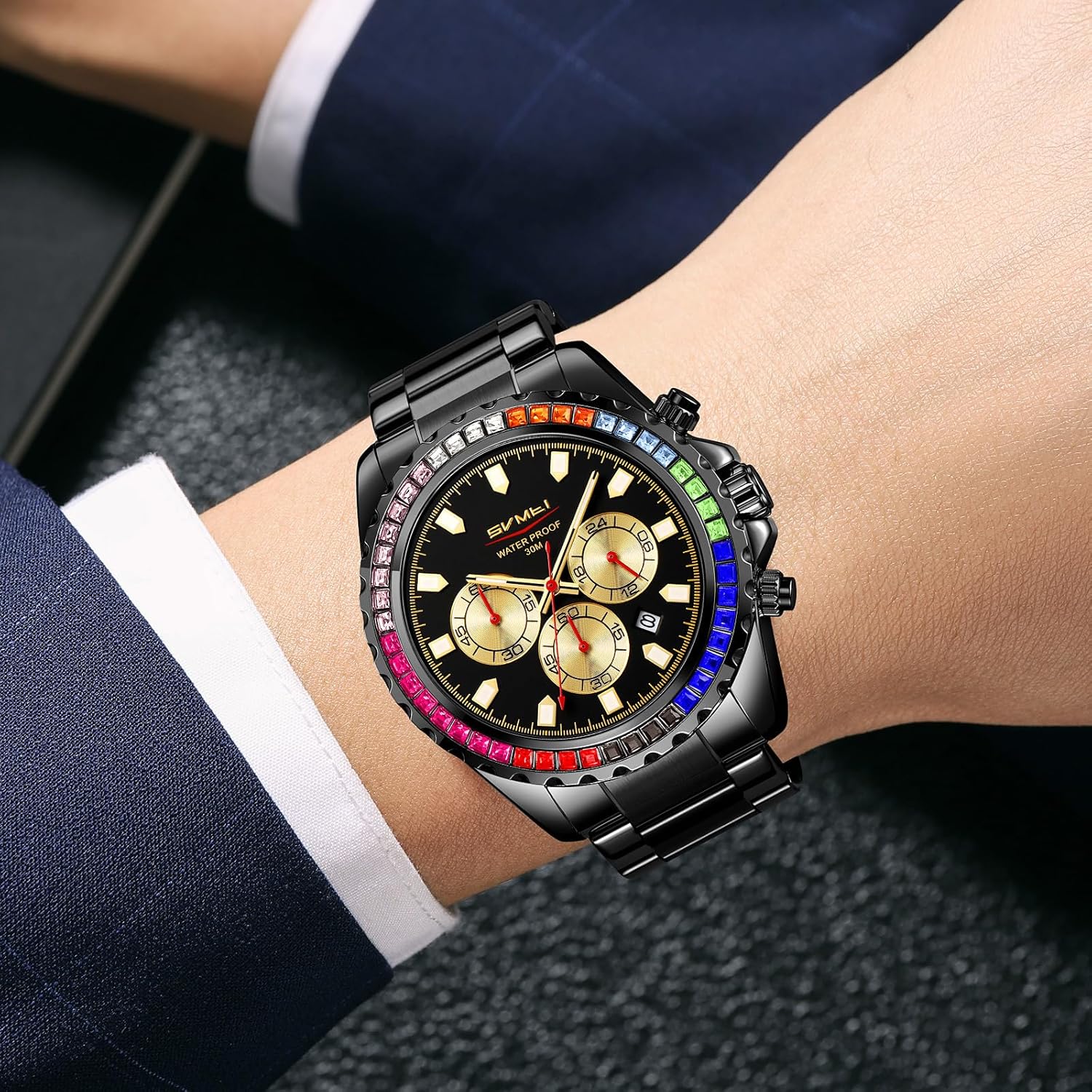 Men's Luxury Gold Watch Colored Diamonds Stainless Steel Waterproof Date Quartz Movement Bold Sports Fashion Accessory for Men