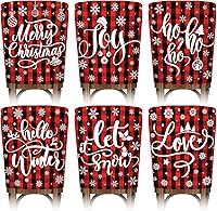 Vista 1 de Juego de 6 fundas navideñas para sillas de comedor, diseño de búfalo rojo y negro, para decoración navideña de invierno con copos de nieve