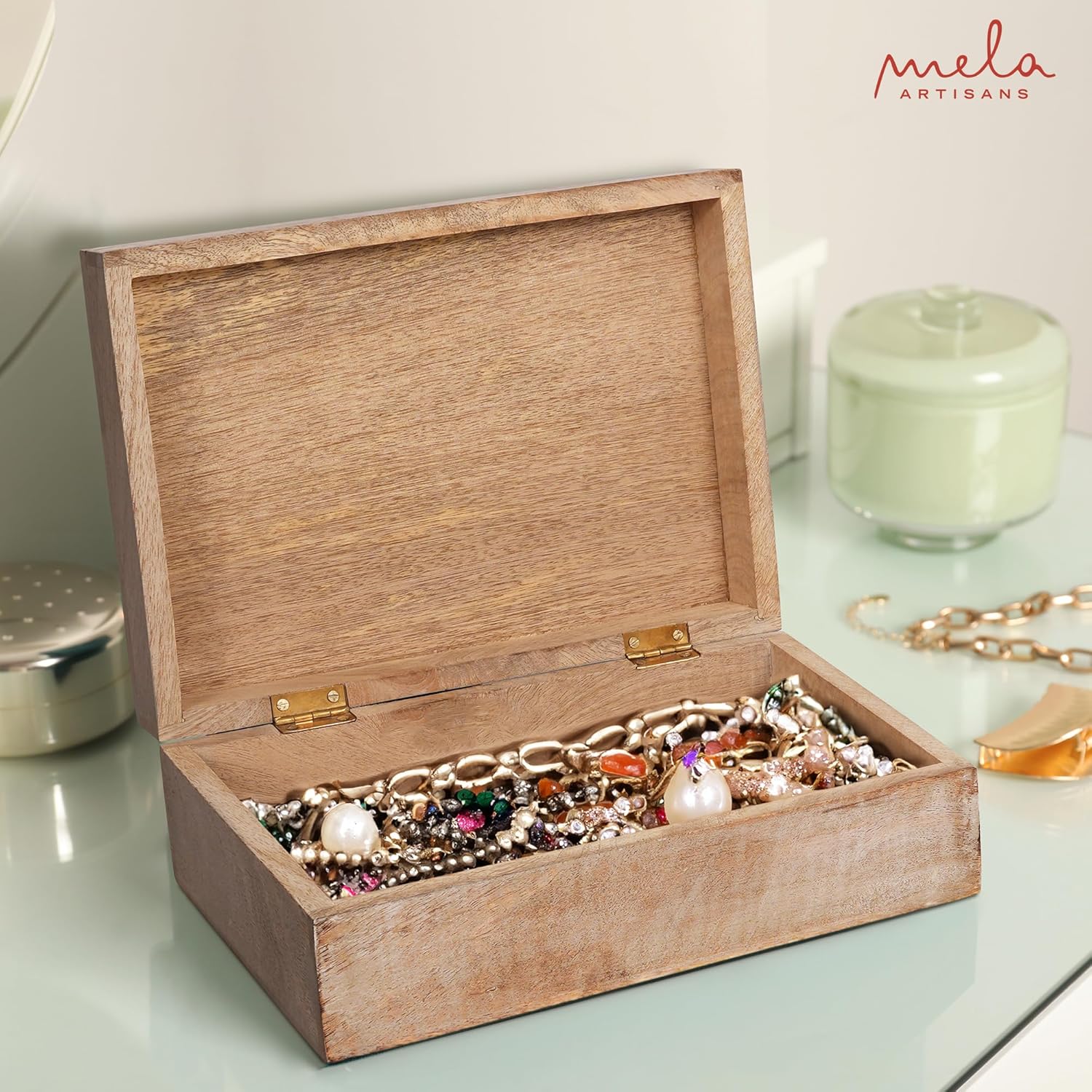 Mela Artisans Scallop Wooden Box (Large) - Light Burnt Over Grey Decorative Box w/Felt Pads Underneath & Wooden Carving - Unique Handmade Mangowood Keepsake Storage Box for Jewelry - 9 x 6 x 3.5