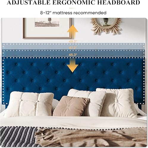 Miniatura 67 de SHA CERLIN Base de cama de terciopelo tamaño Queen con cabecera ajustable, botón de diamante y decoración de remaches, no necesita somier, color