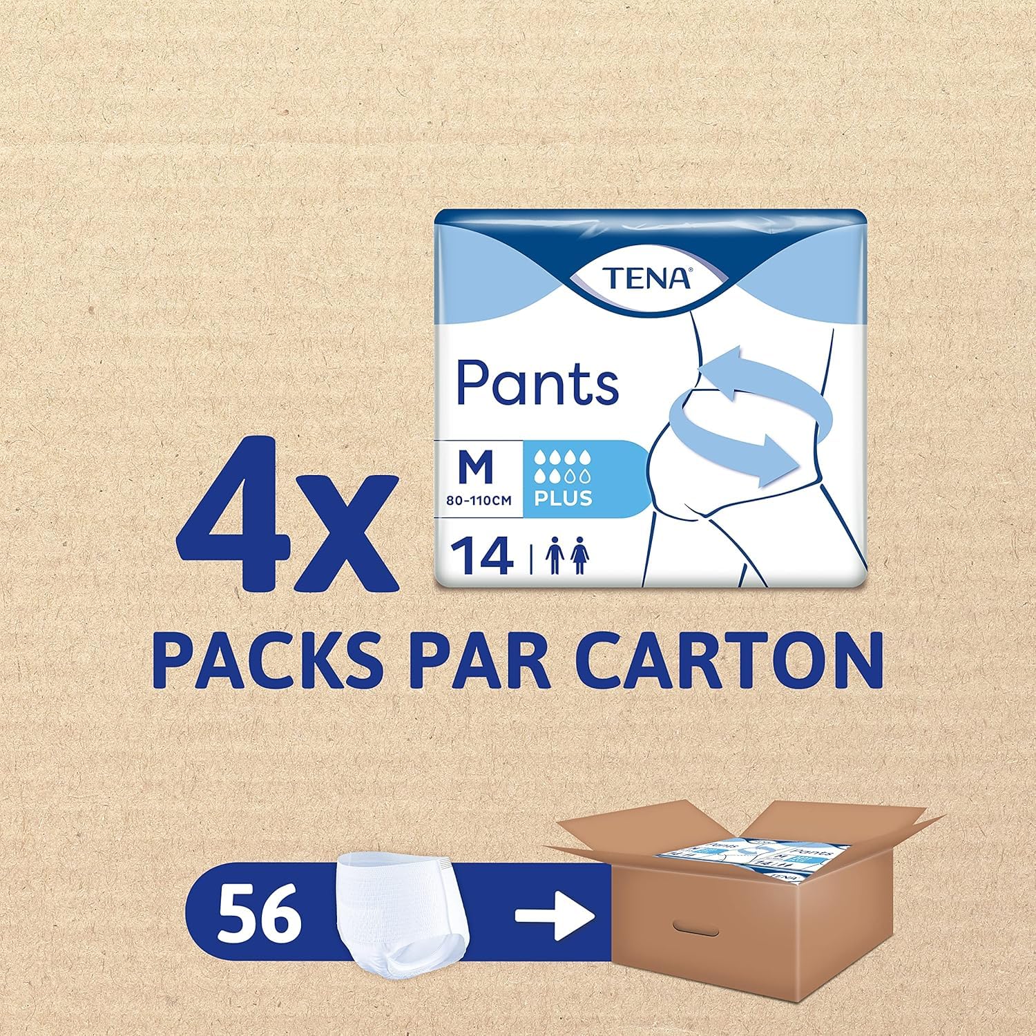 TENA Pants taille M - Sous-vêtements absorbants jetables unisexes pour incontinence - Pour fortes fuites urinaires - Pack de 56 pièces (4 x 14)