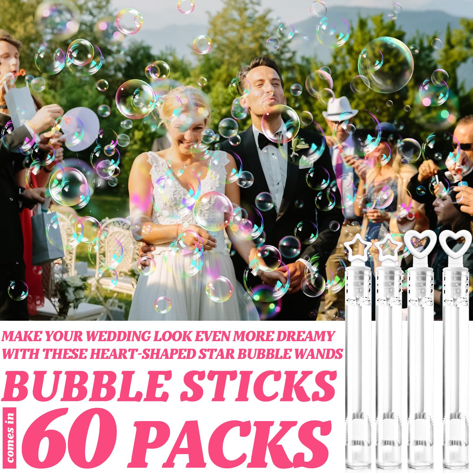 60 Pompas de Jabón para Bodas Burbuja, Pompas de Jabon Boda Blanco, Pomperos Boda, con Mango en Forma de Corazón y Estrella para Bodas, Bautizos, Cumpleaños, San Valentín