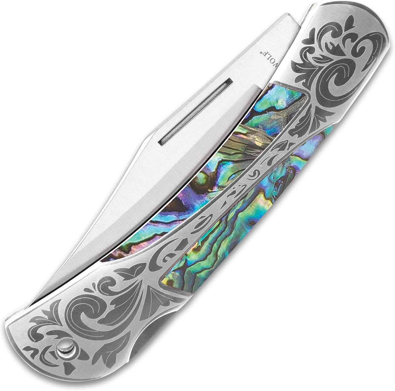Timber Wolf Gentleman’s Genuine Abalone Pocket Knife | 3 1/4” Stainless Steel Clip Point Blade | Genuine Pearl Inlays | Nickel Silver Bolsters | Lockback Mechanism | 7 1/2" Overall Length