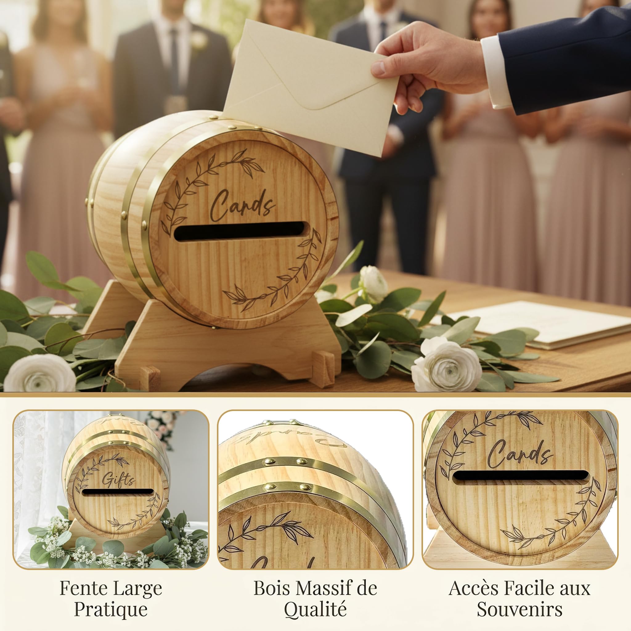 Urne de Mariage en Bois en Forme de Tonneau, Boîte Aux Lettres de Mariage, Boîte à Cartes de Mariage, Couvercle Amovible Boîte à Enveloppes Rustique d'événement pour Futurs Mariés, Anniversaire