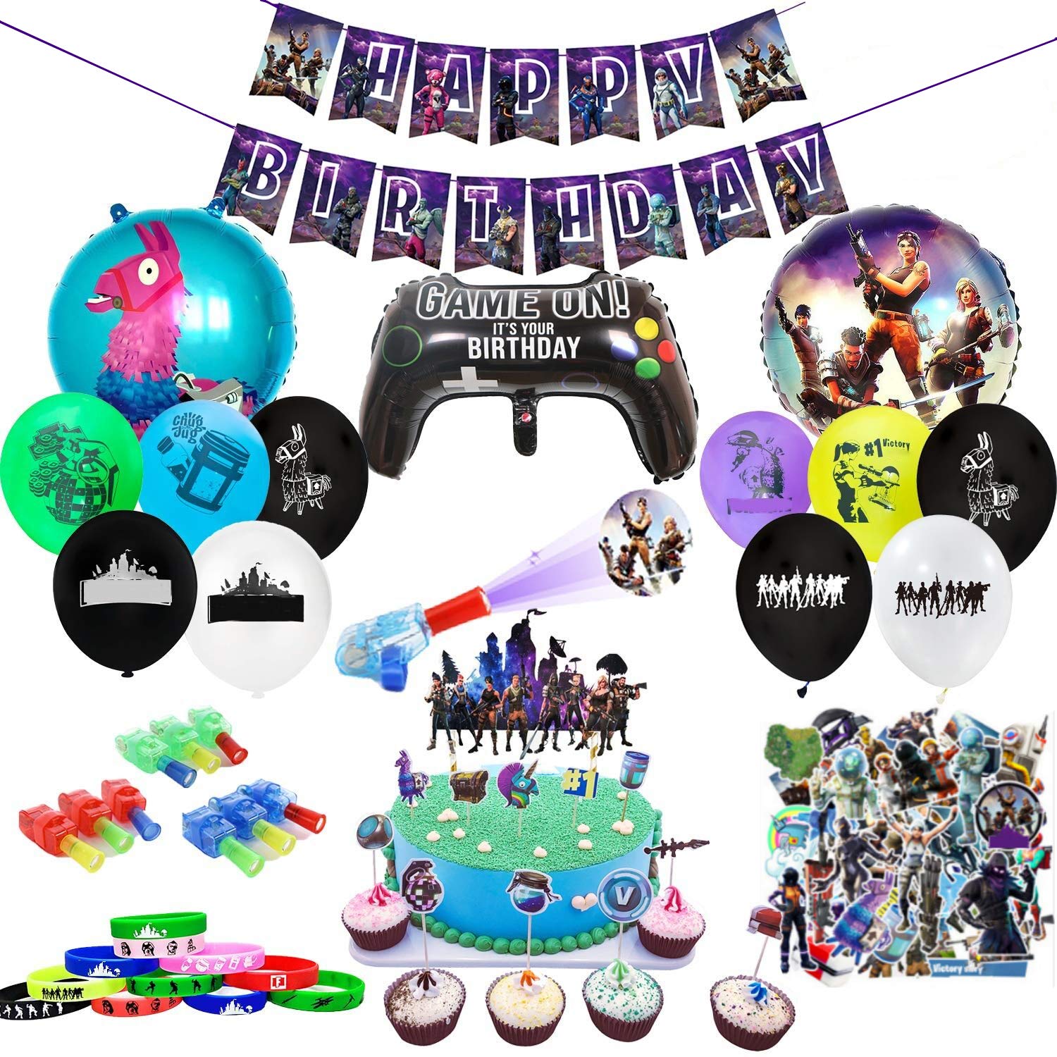 Birthday Party Decorations,Party Supplies,Gaming Theme party favors,include,Cake Toppers,CUPCake Toppers,Balloons,Finger light,Silicone Bracelets,Stickers,Foil Balloons,Banner (2)