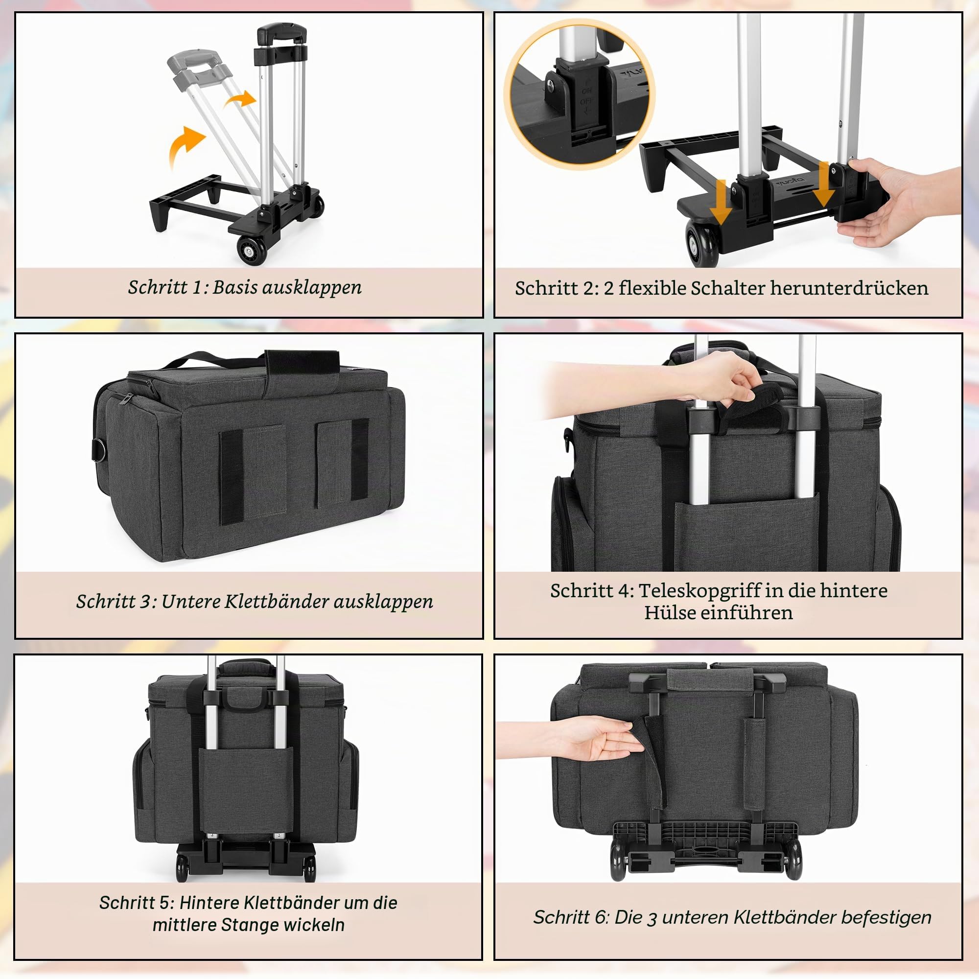 CURMIO Scrapbook Rolling Totes, Scrapbooking Aufbewahrungstasche mit Abnehmbarem Trolley, Handarbeitstasche für Scrapbooking-Zubehör und Bastel, Schwarz