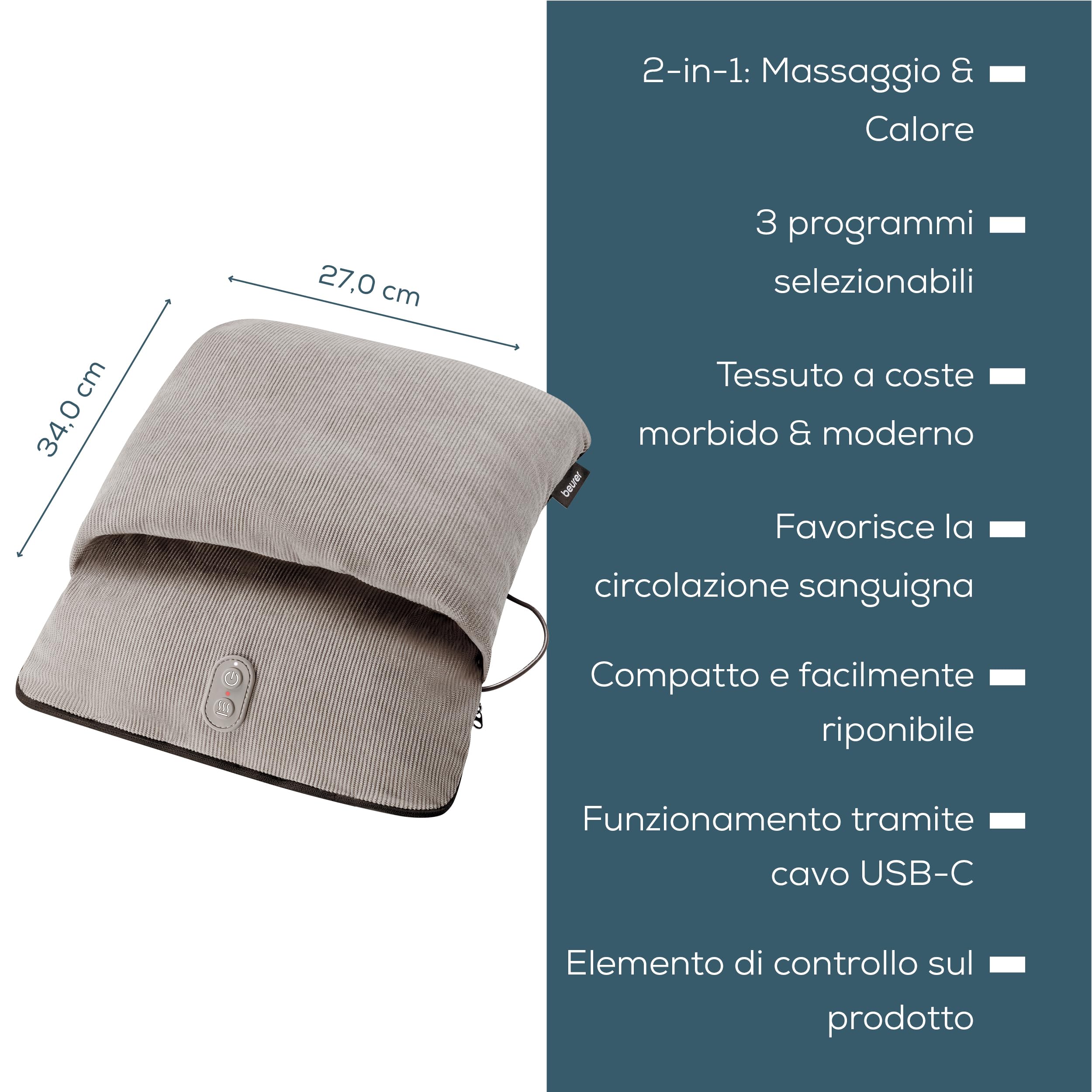 Beurer FM 28 Massaggiatore Piedi 2 in 1 con Calore e Vibrazione, 3 Programmi, Morbido Tessuto a Coste, Scaldapiedi Elettrico Compatto con Cavo USB-C, per Casa e Ufficio, Grigio