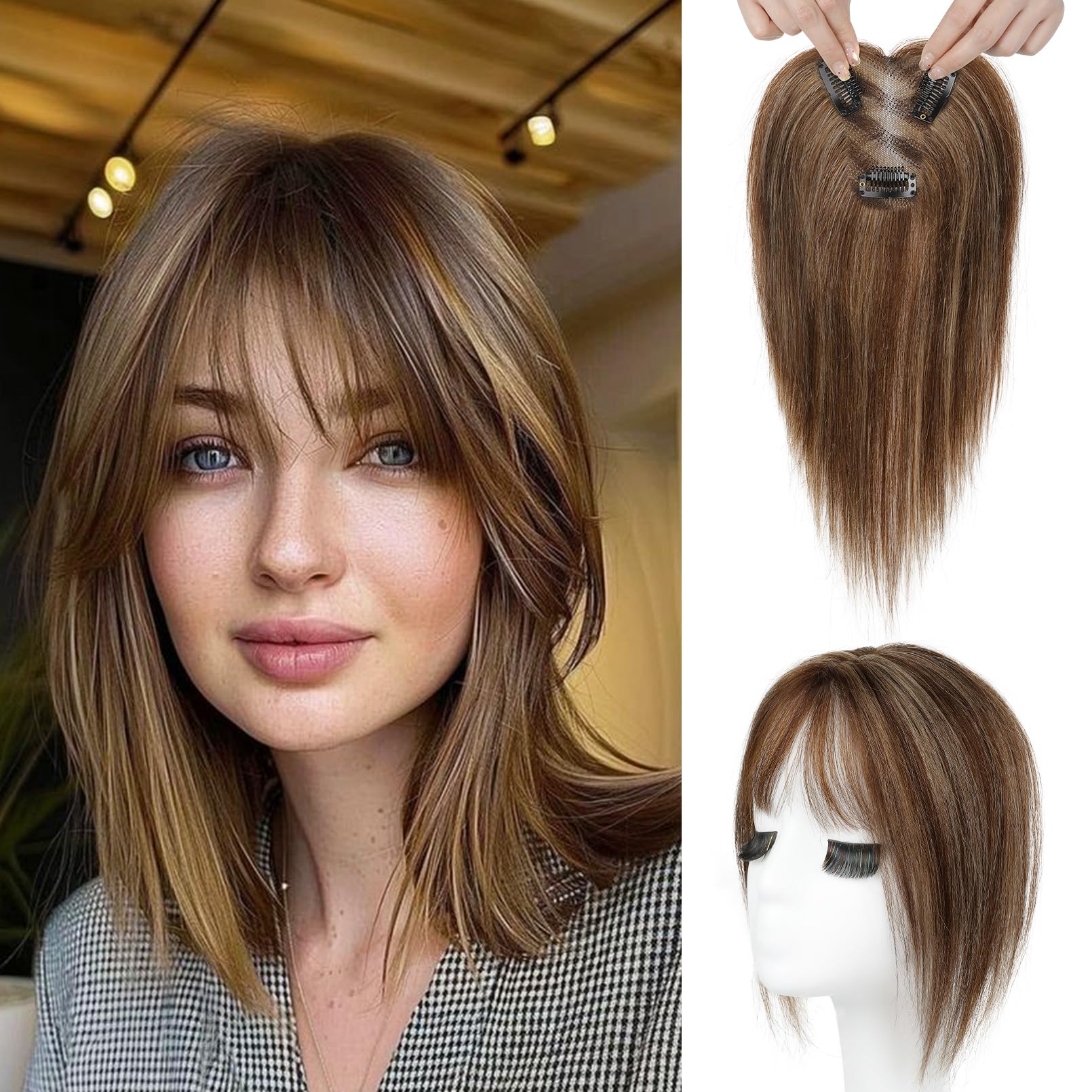 Photo 1 of REECHO Hair Toppers for Women Real Human Hair, Seamless Human Hair Toppers with Bangs, 360° 3D Cover Clip in Bangs Hair Extensions for Daily Wear, Medium Brown with Highlights