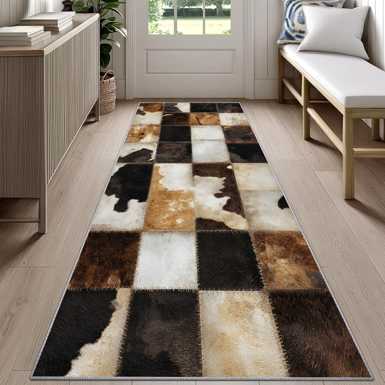 Rustic Cabin Cowhide Runner Rug for Hallway 100x300cm Patchwork Cow Fur Print Carpet Runner, Cowhide Long Hall Carpet, Non Slip Floor Mats for High Traffic Areas in Home