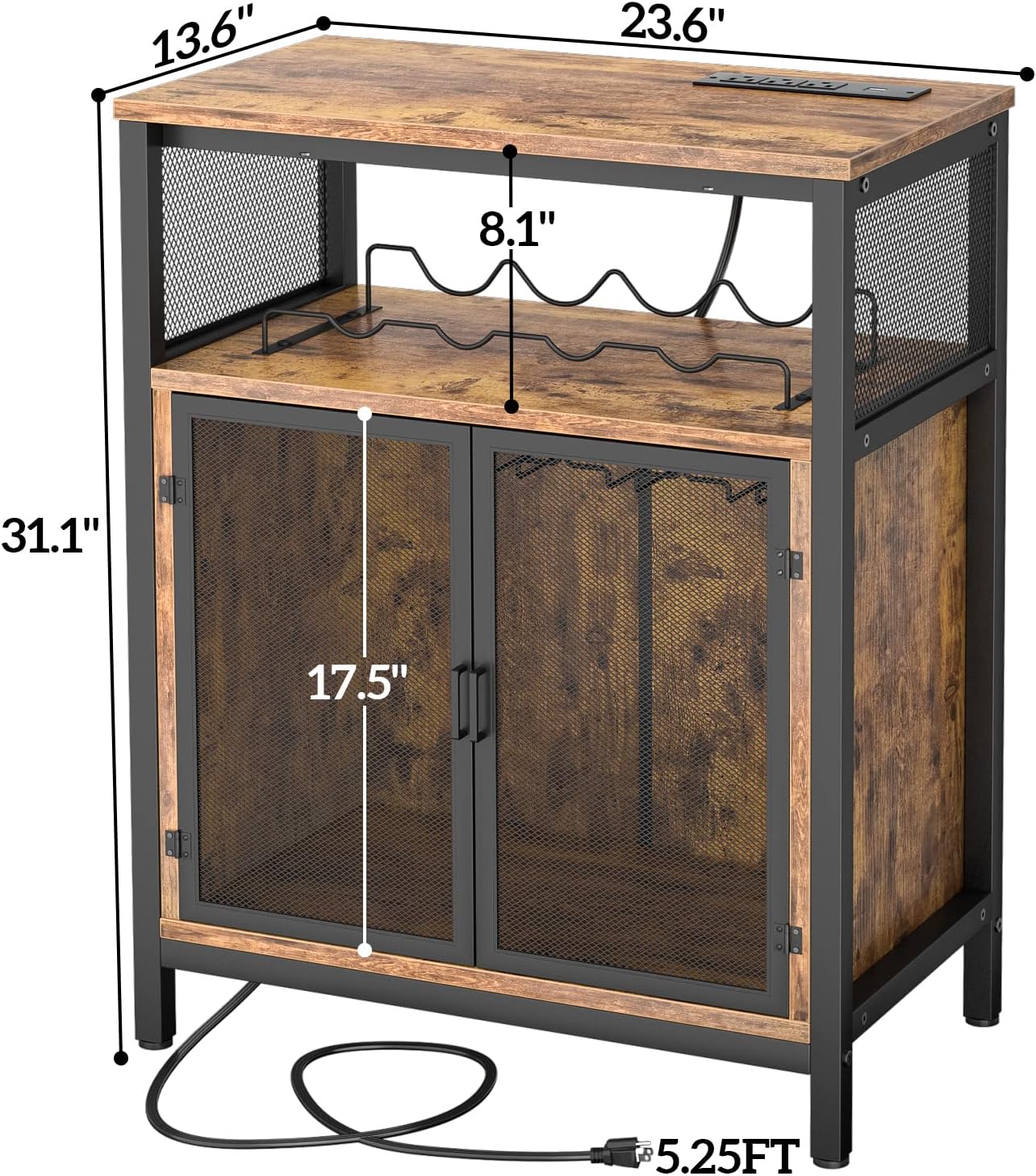 Unikito Wine Bar Cabinet with RGB Light and Outlet, FreeStanding Wine Rack Table, Liquor Cabinet with Glass Holder, Floor Bar Cabinet for Liquor and Glasses for Home Kitchen Dining Room, Rustic Brown