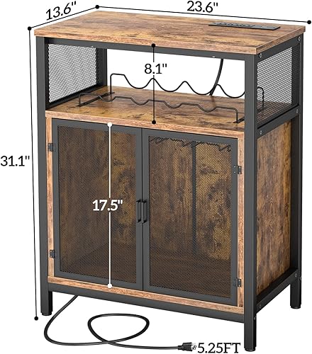 Miniatura 7 de Unikito Armario de bar de vinos con toma de corriente y luz LED, mini barra de café para el hogar con soporte para vidrio, gabinete de licor con