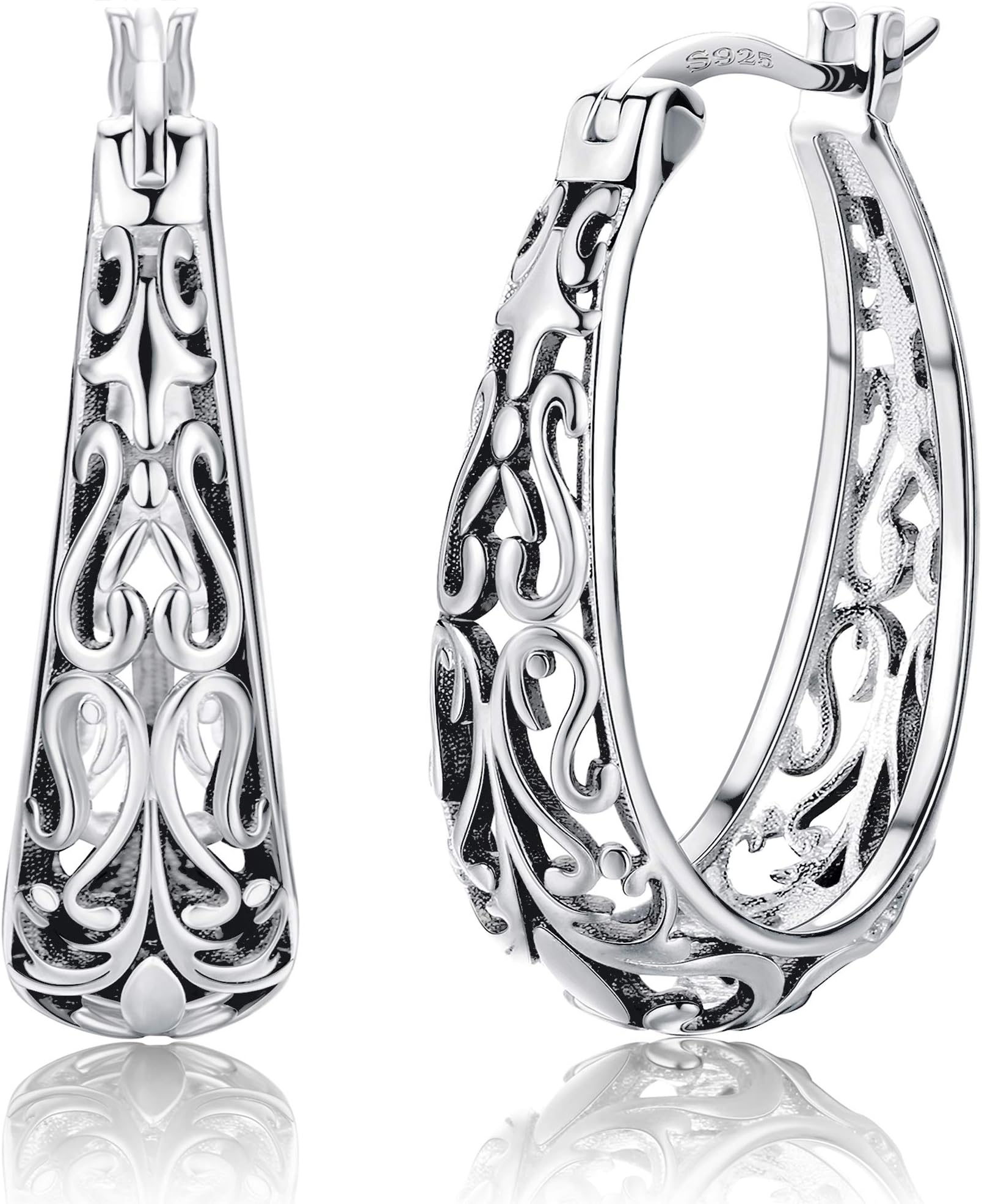 Fiasaso Oxidized 925 Sterling Silver Filigree Hoop Earrings for Women Vintage 14K Gold Plated Oval Hoop Earrings, Sterling Silver Metal Brass, Cubic Zirconia