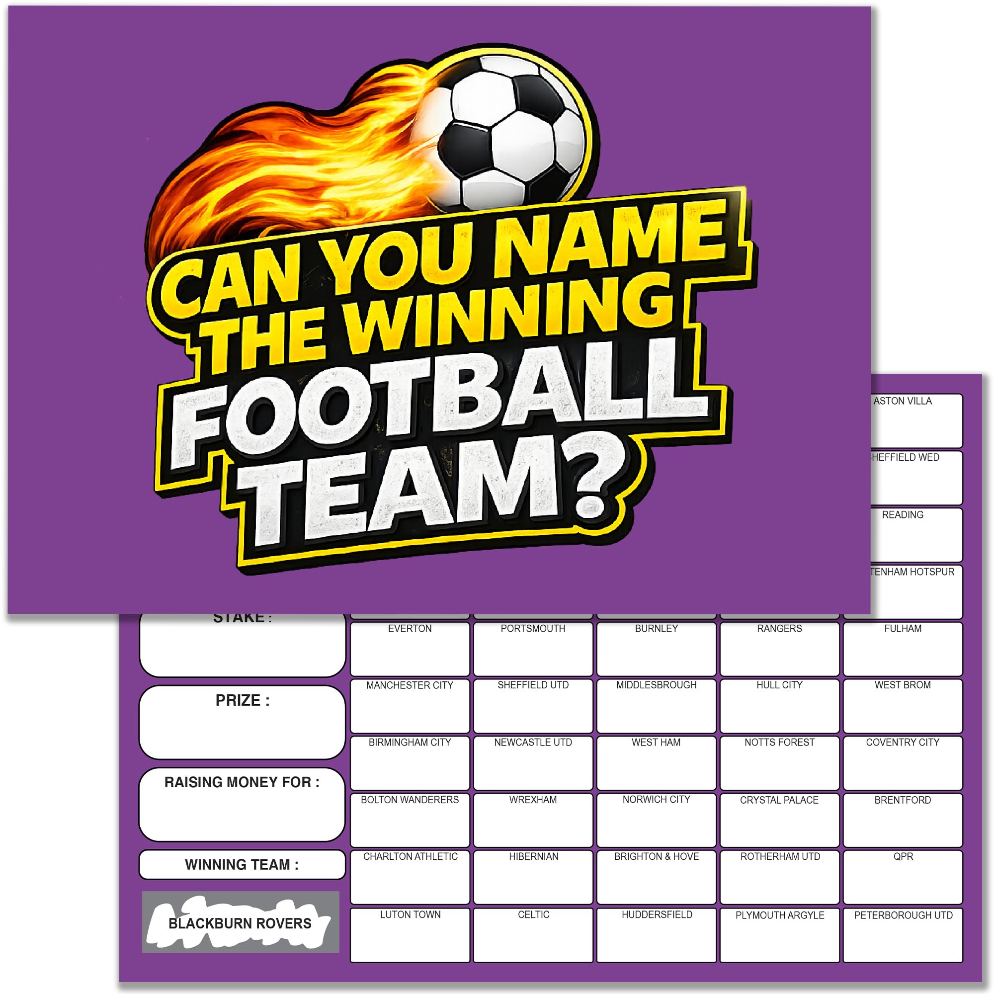 Football Fundraising Scratch Cards (50 TEAMS) - LARGE A5 Size Cards - PACK 10 CARDS + Display Card - 50 Squares - UK Made and Recylable