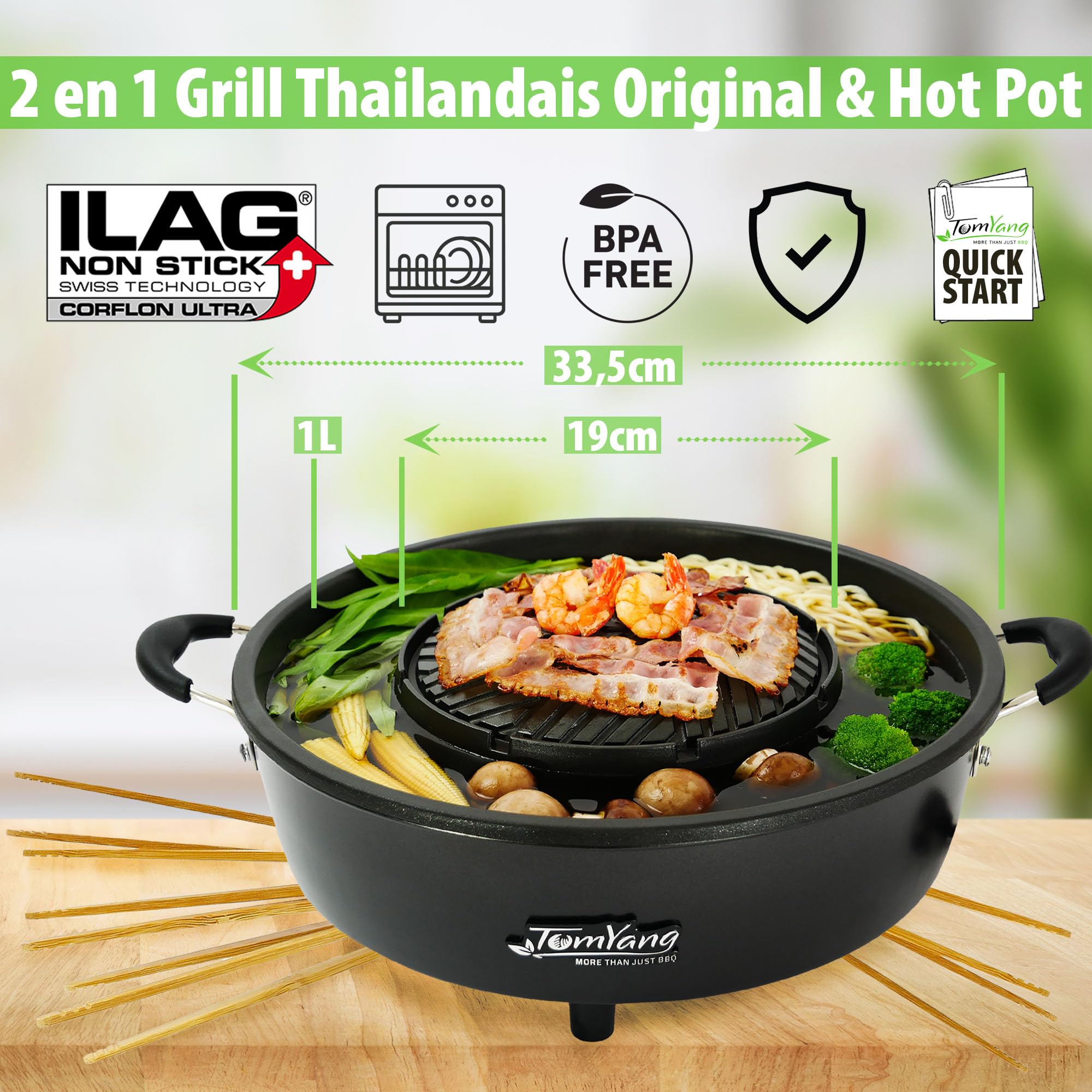 TomYang Hot Pot électrique avec accessoires Premium – Couteau Santoku, 6 pinces de grillade, vaisselle asiatique, Fondue Chinoise, Barbecue Coréen, plus de 100 vidéos recettes, Le Electric Thai BBQ