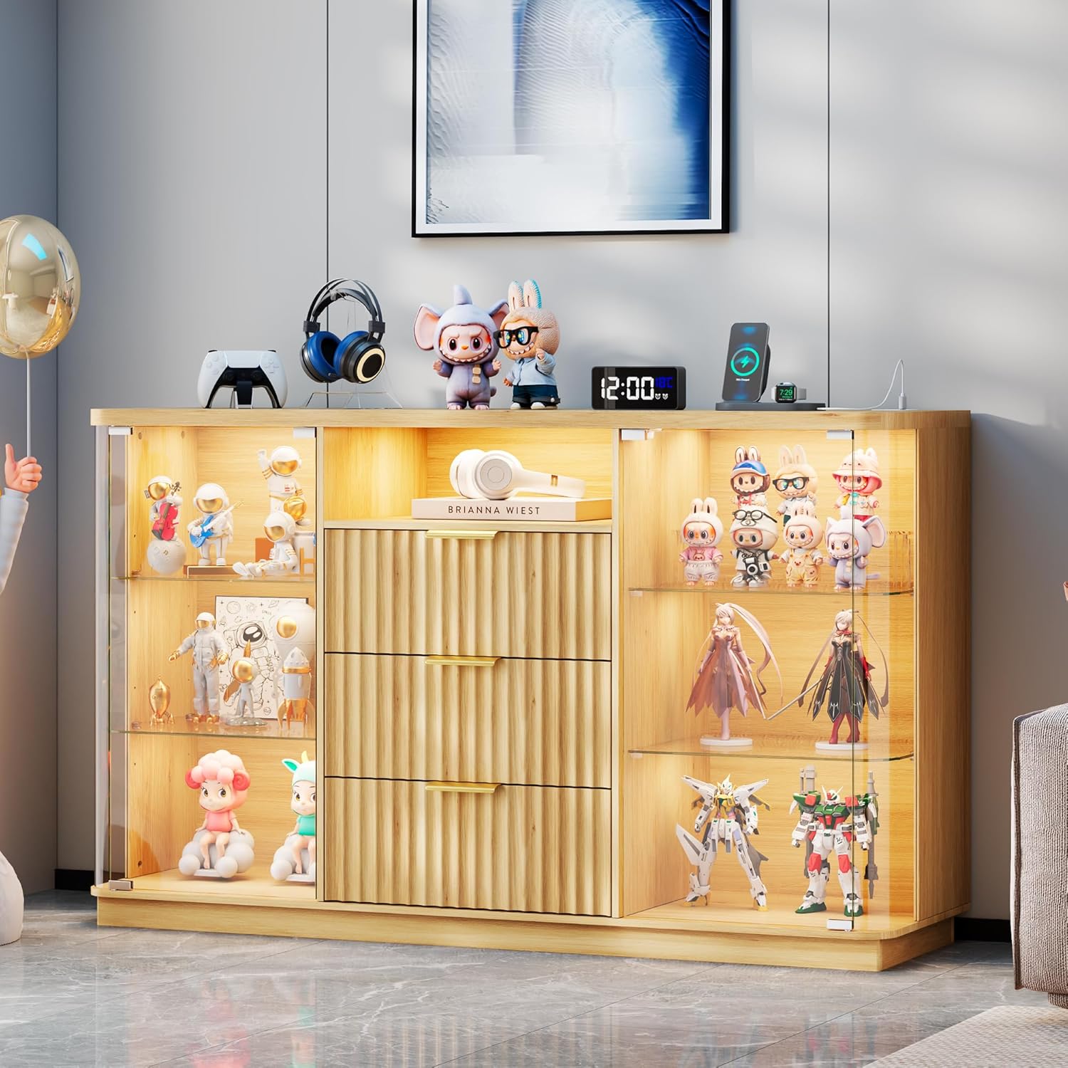 Lvifur 40.5" Display Cabinet - with 3 LED Light, Sideboard Buffet with Human Body Sensor & 3 Drawer& Glass Shelves for Toys, Books, Collectibles, Bookcase for Living Room, Kitchen, Study, Natural