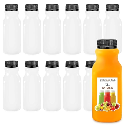 Stock Your Home Botella de jugo de 12 onzas con tapa para jugos y licuados, botellas de plástico vacías reutilizables con tapas, recipientes