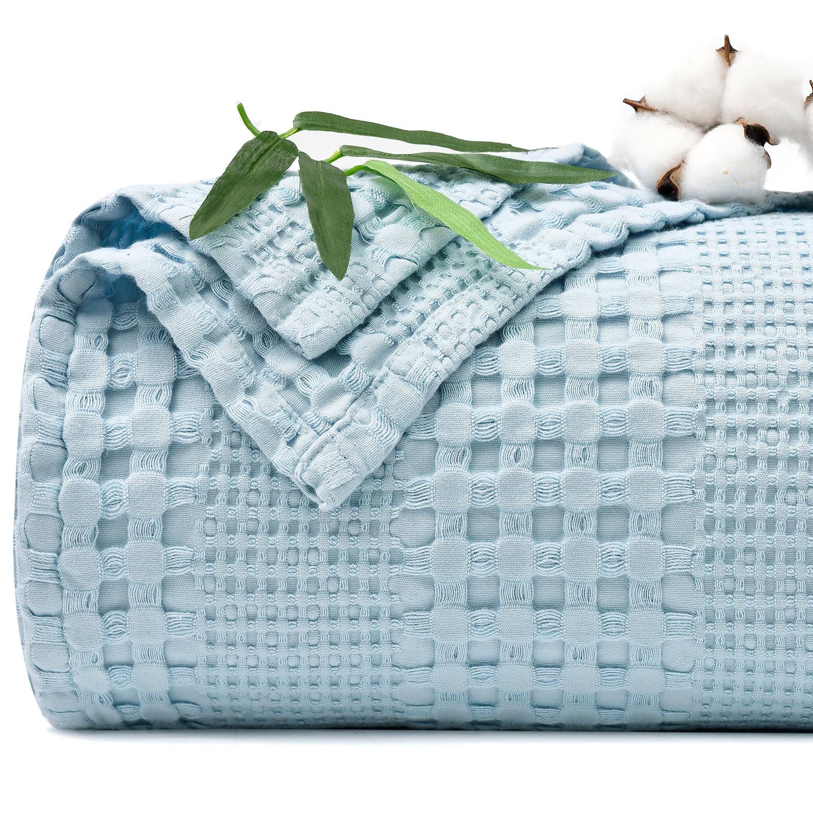 phf cooling waffle blanket queen size,lightweight 60% rayon derived from bamboo & 40% cotton breathable blanket for hot sleepers, soft and luxury for bed couch and sofa, 90"x90",sky blue
