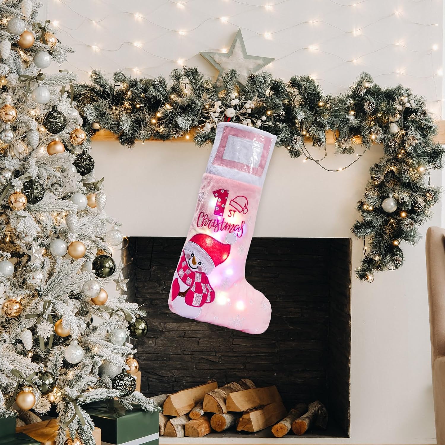 Shinymoon Baby's 1st Christmas Stocking and Hat Set with LED Lights 2026 My 1st Christmas Stockings with Picture Frame Santa Knit Hat Gifts for Girl Boy Newborn Fireplace(Pink,Classic)