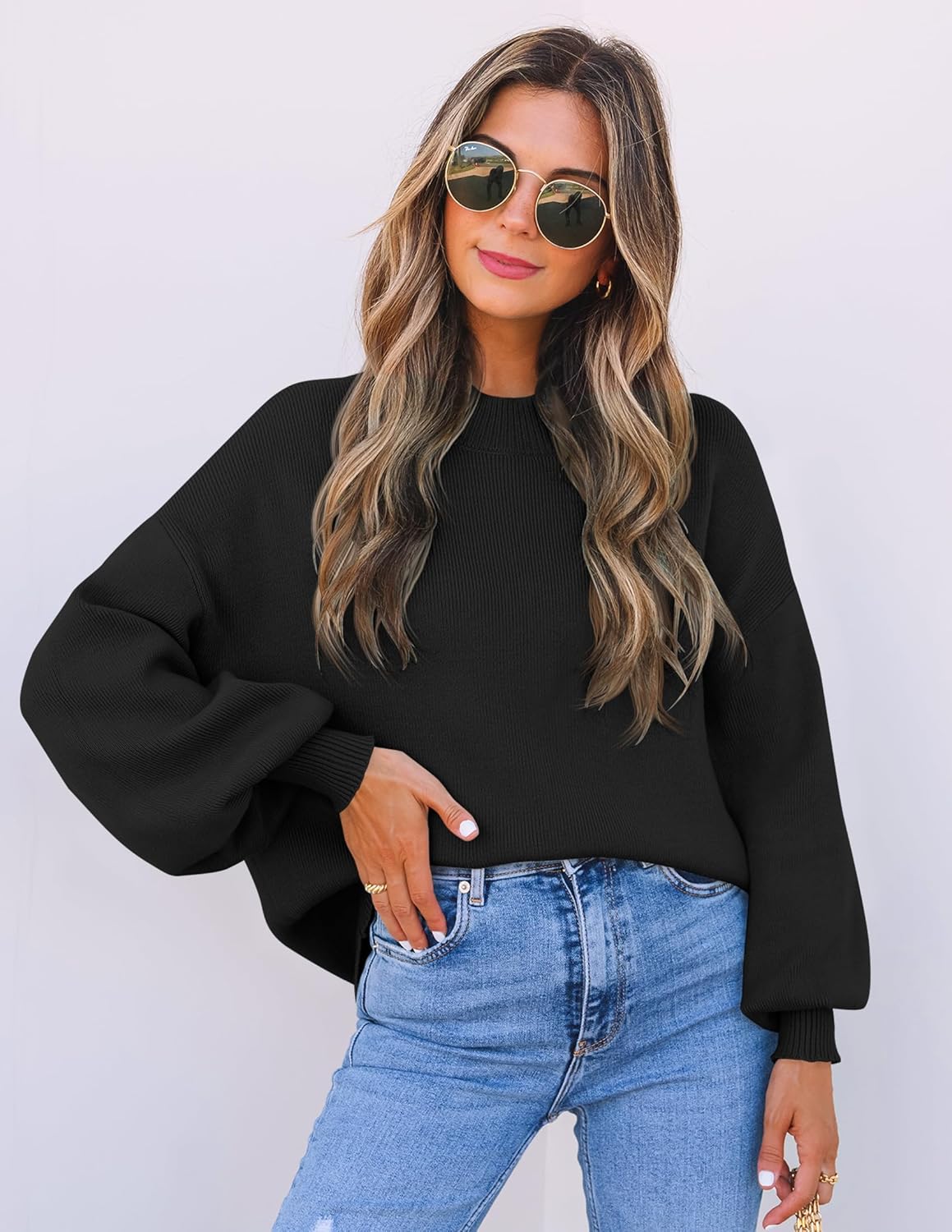 ZESICA Women's Casual Turtleneck Long Lantern Sleeve Fall 2026 Oversized Ribbed Knit Pullover Sweater Jumper Top - Image 2