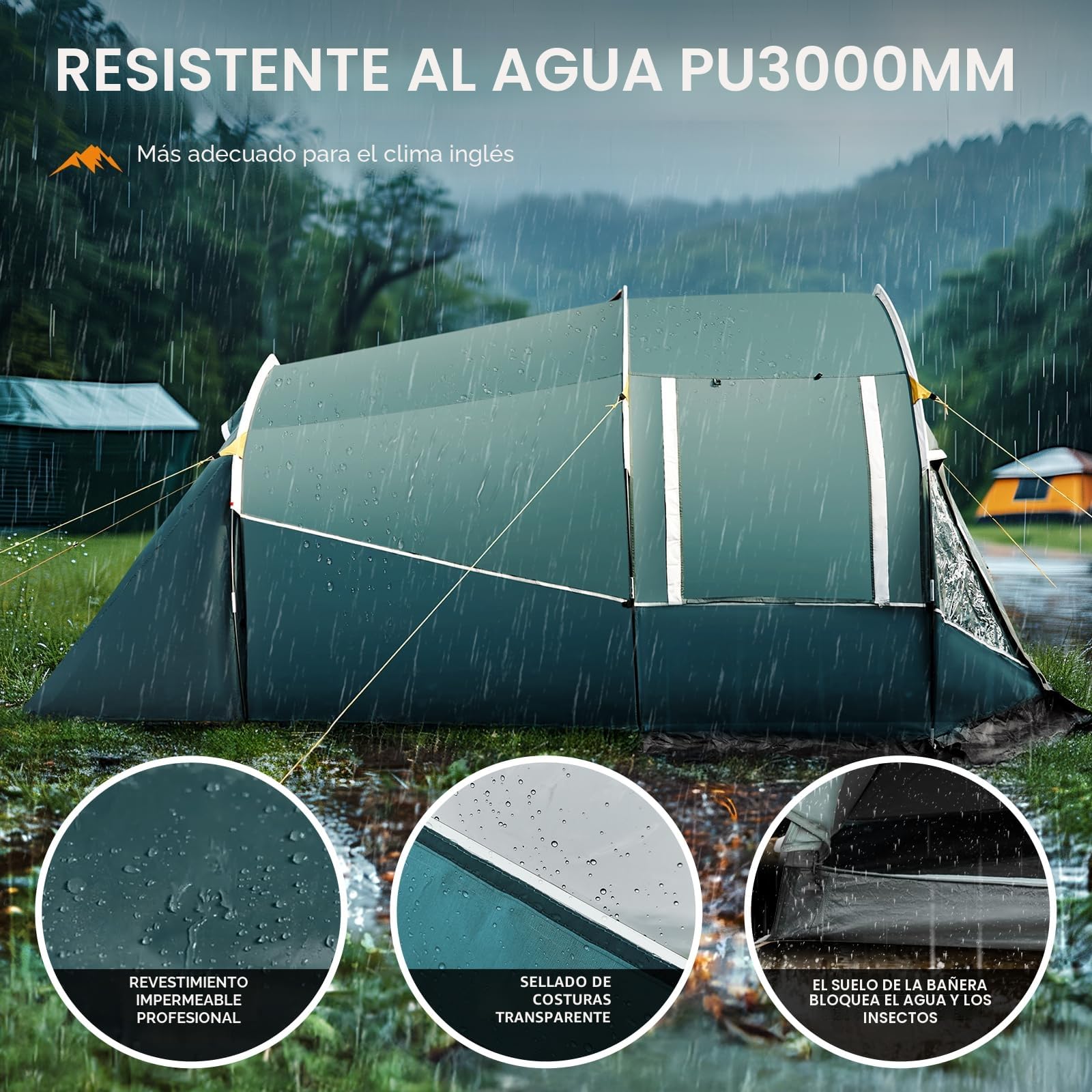 Portal Tienda de Campaña Familiar para 2 a 3 Personas Impermeable 3000mm Tienda de Camping con Porche y Lona de Suelo Cosida Tienda Festivales