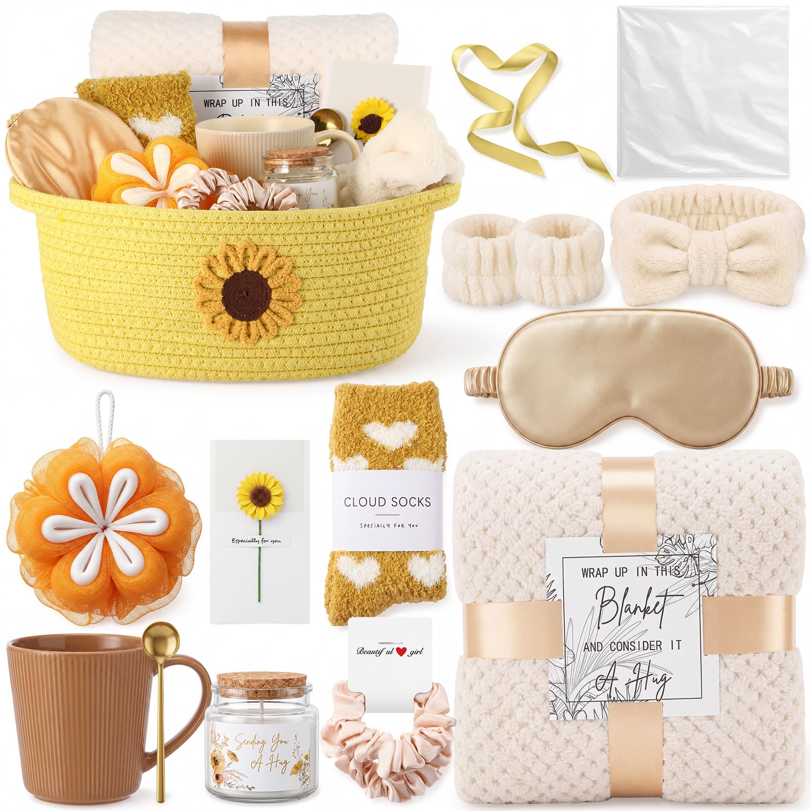 Zopeal 14-teiliges Geschenkkorb mit Sonnenblumen-Motiv für Frauen, Selbstpflege-Paket, gemütliches entspannendes Spa-Pflegepaket, Geburtstagsgeschenk für Frauen, Trauerset für Mutter, Ehefrau