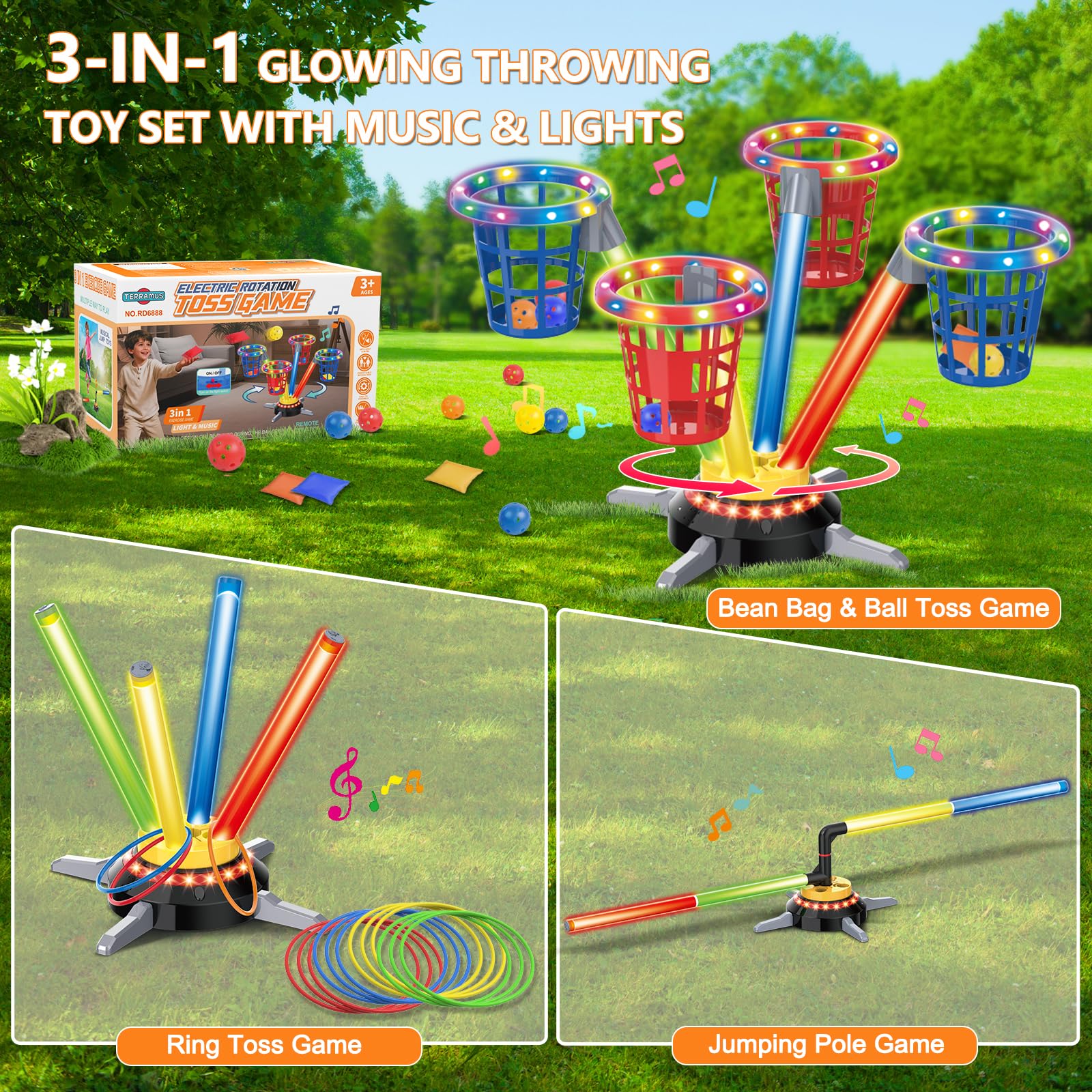 TERRAMUS 3 in 1 Bean Bag Ring Toss Game for Kids Rechargeable Musical Jumping Games w/LED Light & Remote - Image 3