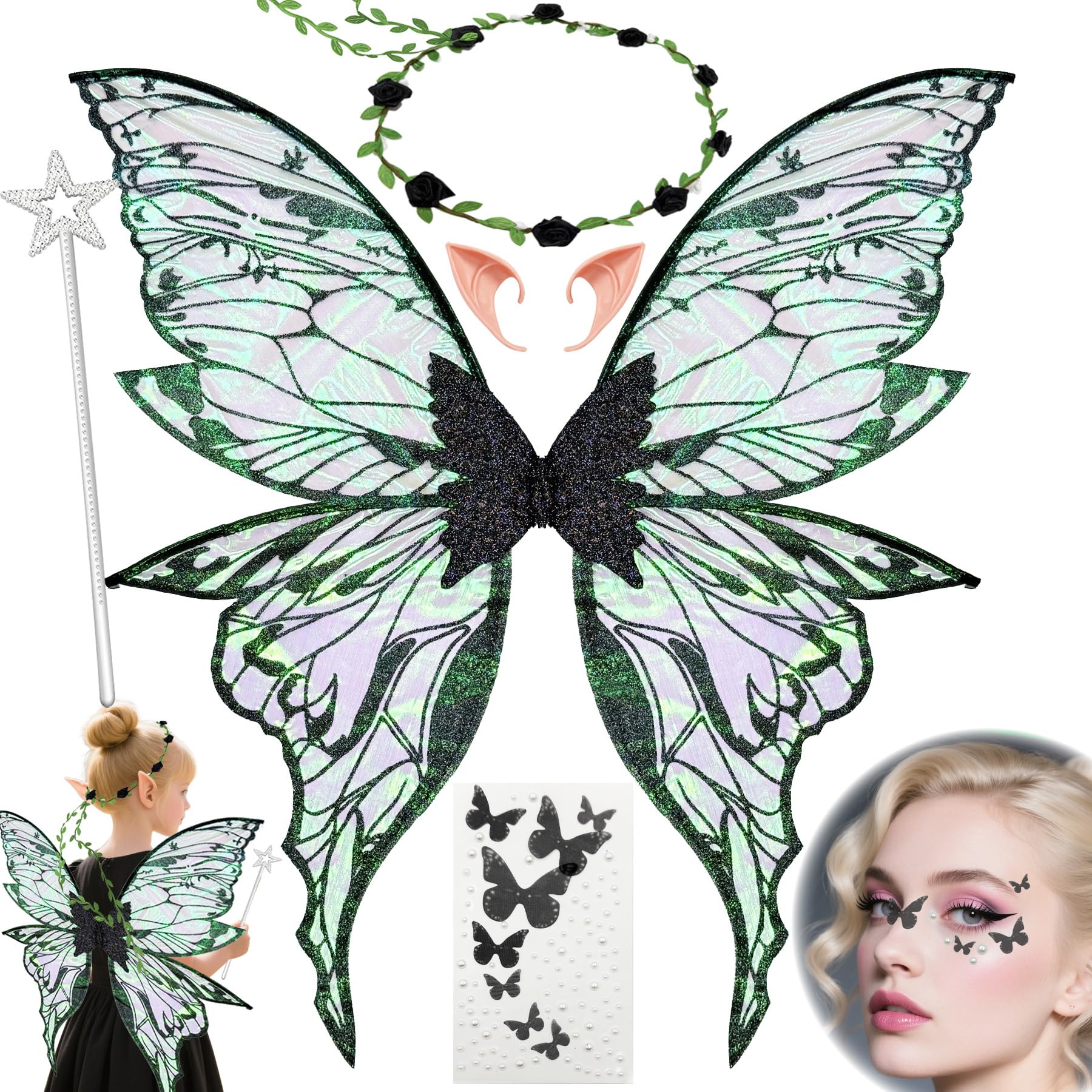 YeahBoom Children's fairy wings, butterfly wings with elf ears, fairy headband and star fairy wands, butterfly wings