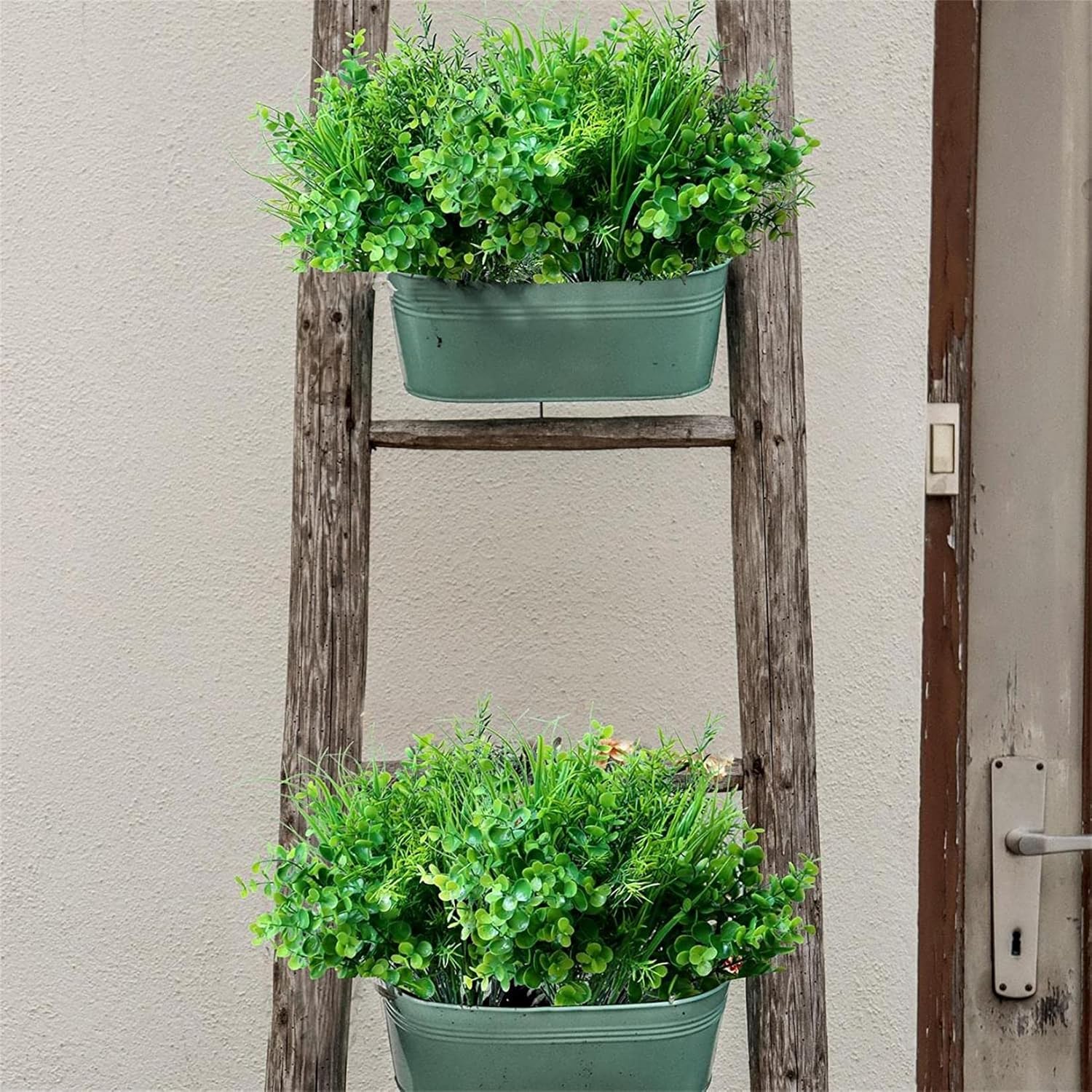18PCS Outdoor Artificial Faux Plants Spring Summer Decorations, UV Resistant Bulk Realistic Fake Bushes Grass Eucalyptus Outside Plastic Greenery Shrubs for Front Porch Patio Window Box