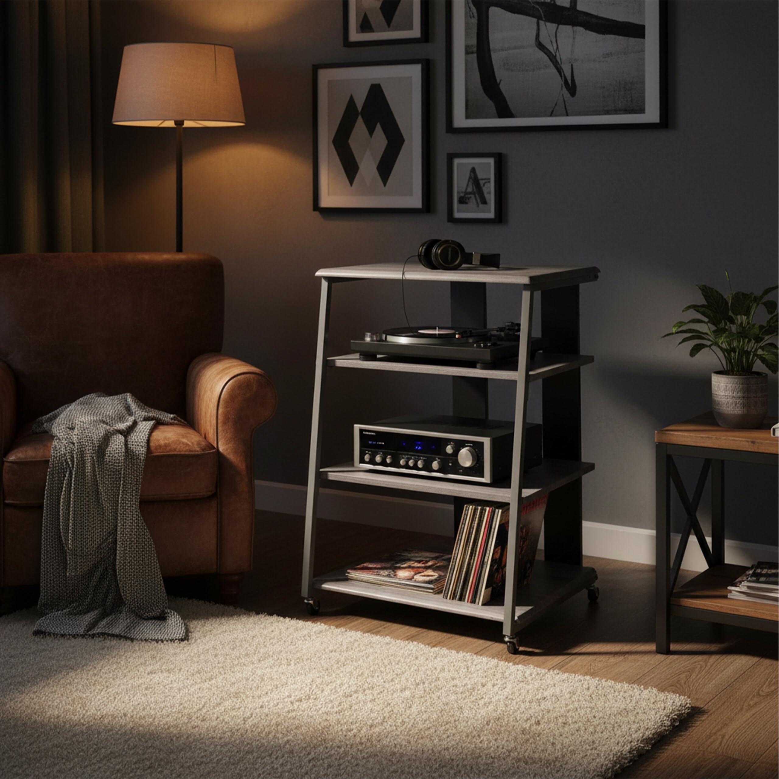 Relaxdays HiFi-Rack, 4 Ripiani per Giradischi e Stereo, Ferro/MDF, 78x61x52 cm, scaffale multimediale Grigio