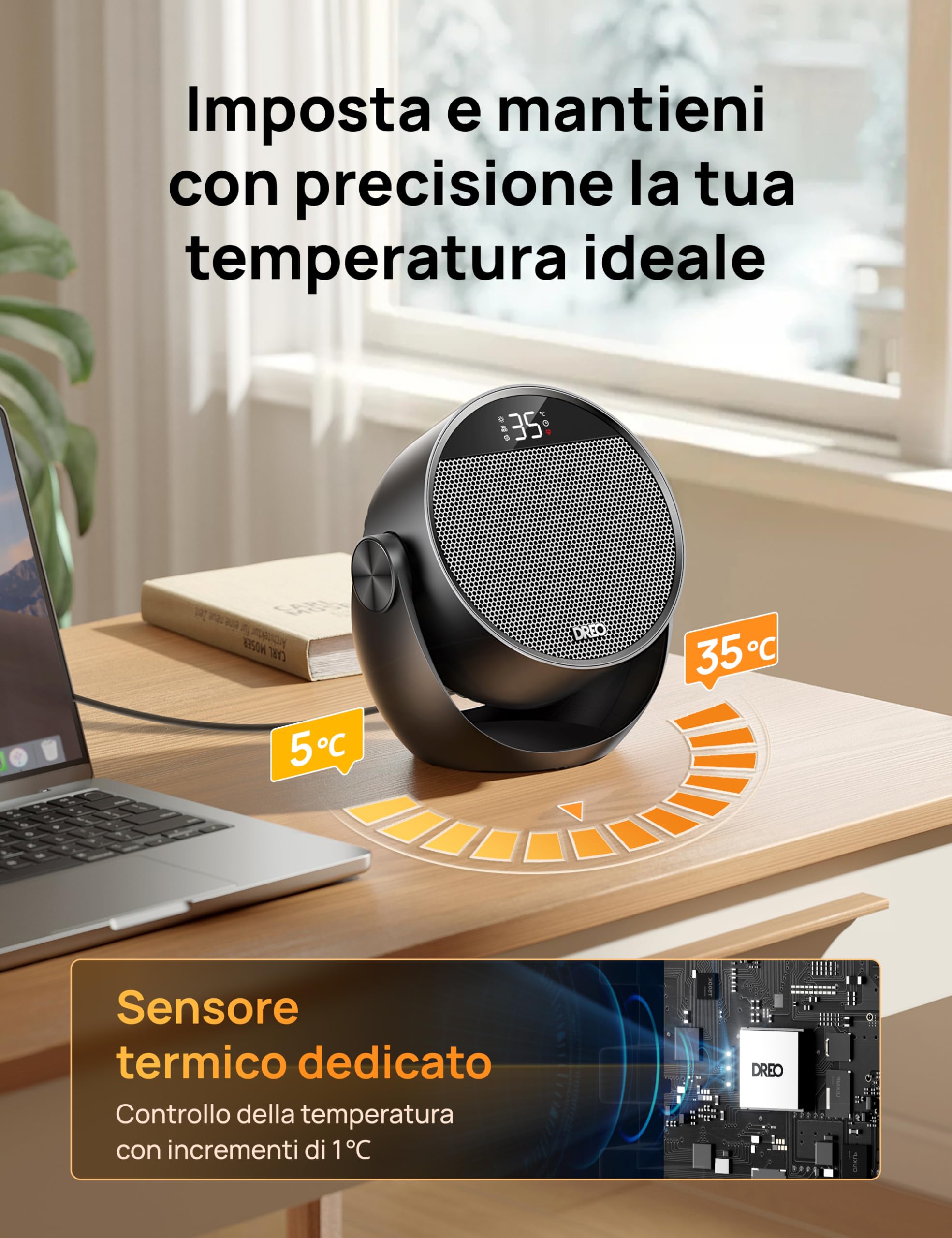Dreo Termoventilatore da Camera, Stufa Portatile con 3 Modalità, Termostato Regolabile e Telecomando, Inclinazione 60°, Timer 12H, 8 Sistemi di Sicurezza, Riscaldatore Silenzioso per Ufficio e Casa