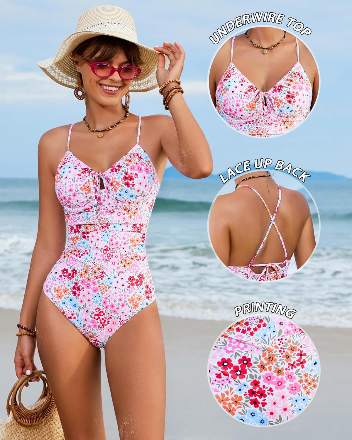 Jolefille Underwire One Piece Swimsuit Women Tummy Control Full Coverage Bathing Suit Push Up High Cut Swim Suits Floral Teen