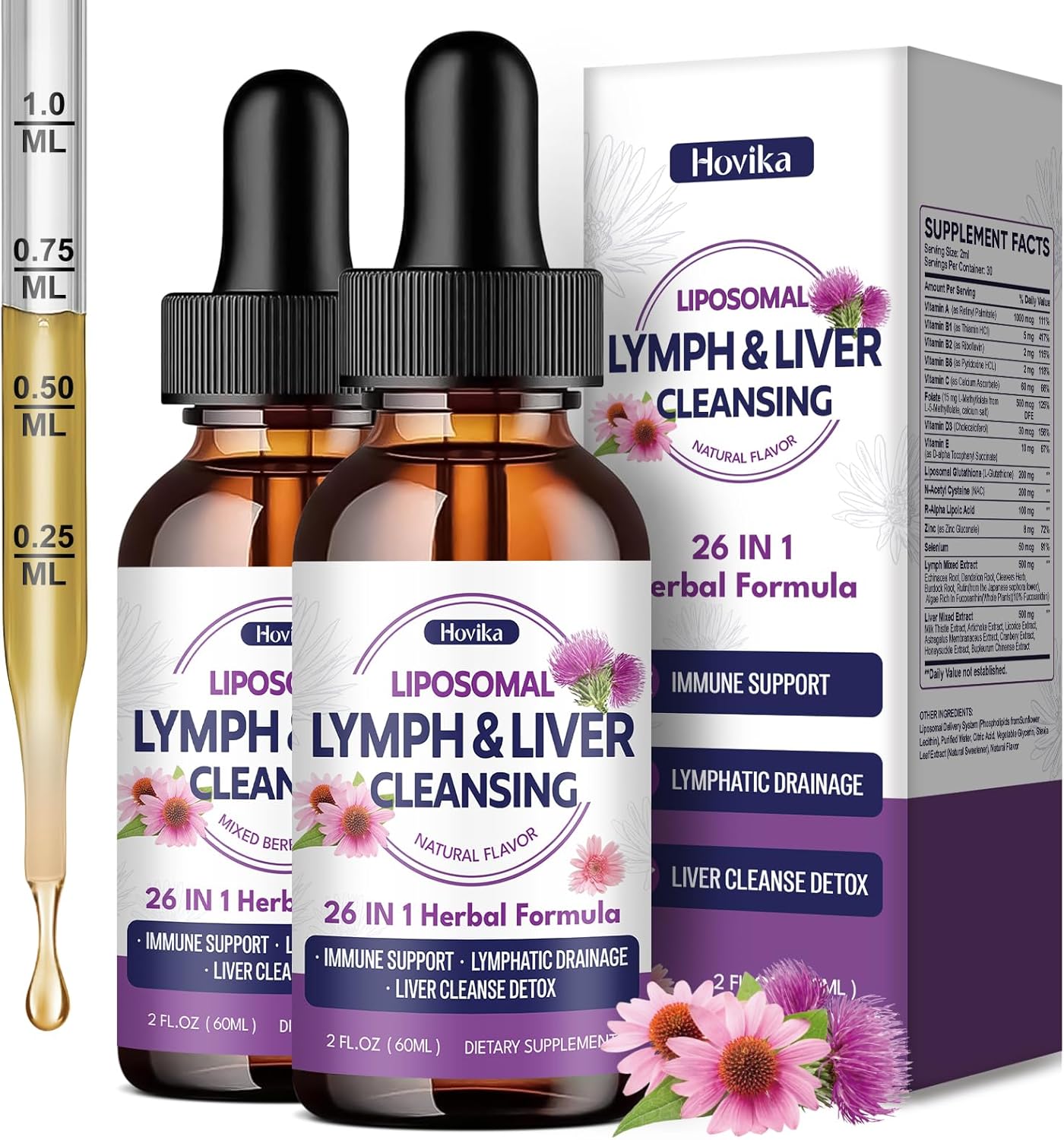 Liposomal Lymphatic Drainage Drops, 26 in 1 Liver Cleanse Detox & Repair with Milk Thistle, Echinacea, Glutathione, Vitamins, Lymph-Liver Cleanse, Gut & Metabolic Health - Natural Flavor 4 Fl Oz
