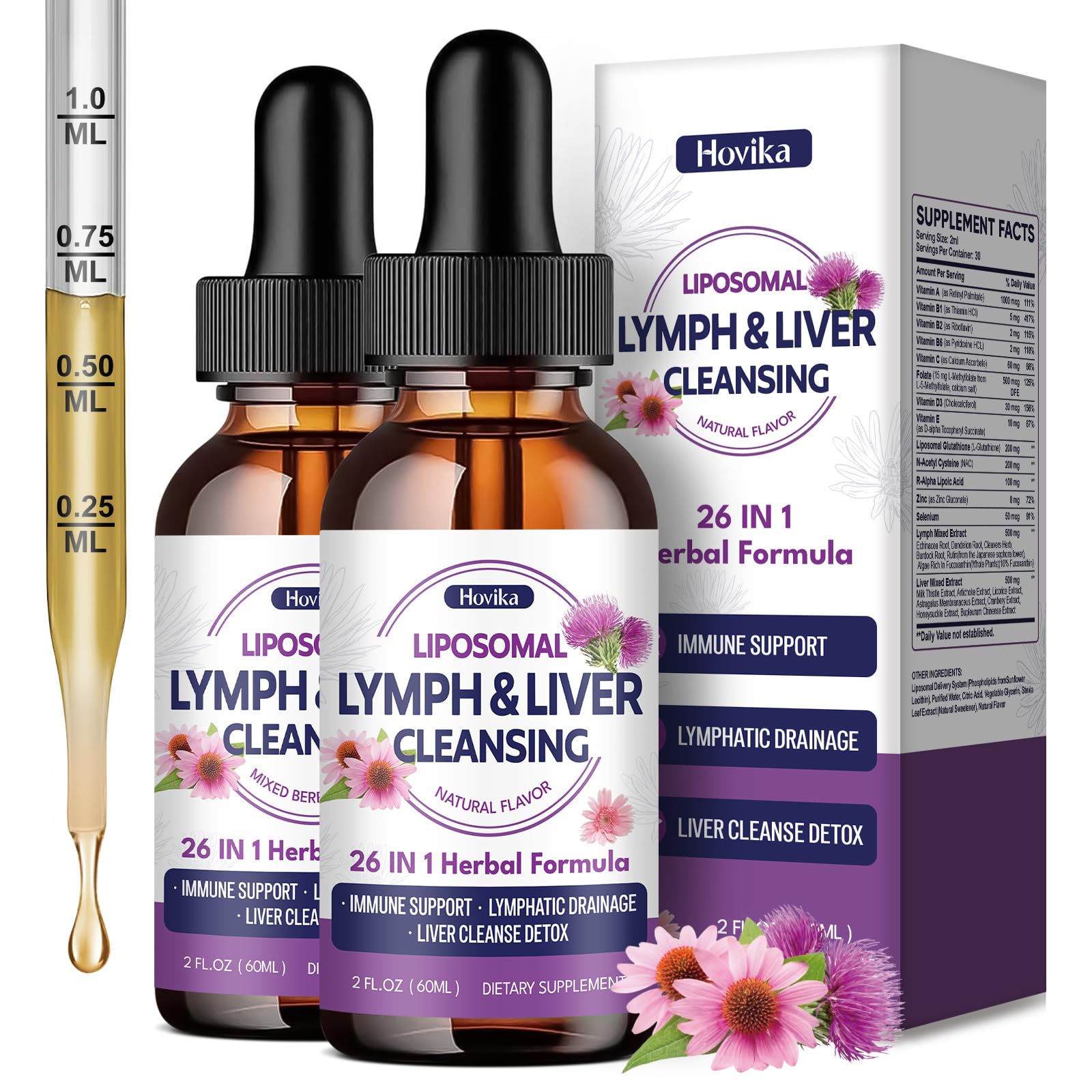 Liposomal Lymphatic Drainage Drops, 26 in 1 Liver Cleanse Detox & Repair with Milk Thistle, Echinacea, Glutathione, Vitamins, Lymph-Liver Cleanse, Gut & Metabolic Health - Natural Flavor 4 Fl Oz Natural 4 Fl Oz (Pack of 1)