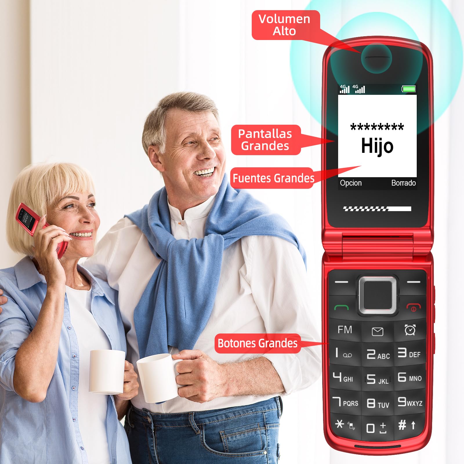 USHINING Teléfono Móvil 4G para Personas Mayores, Teléfono Móvil con Tapa Teclas Grandes Botón SOS Pantalla Doble de 2,4 y 1,77 Pulgadas Doble SIM USB-C Despertador Base de Carga, Fácil de Usar, Rojo
