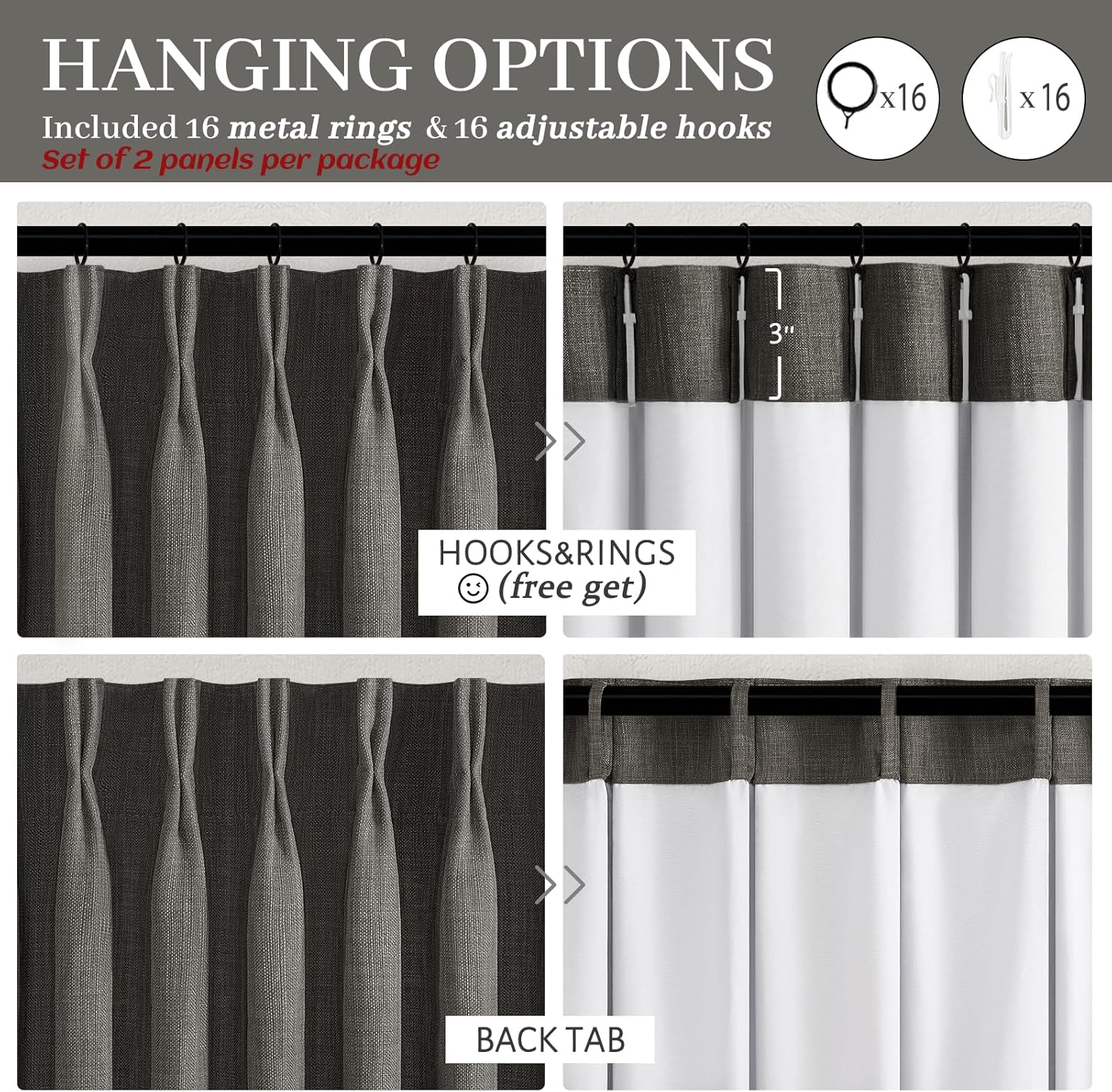 Pinch Pleated Blackout Curtains 90 Inches Long for Bedroom 2 Panel Set, Memory Trained Dark Grey Two Layer Thick Linen Sound Dampening Thermal Rustic Windows Curtain for Living Room Darkening Drapes