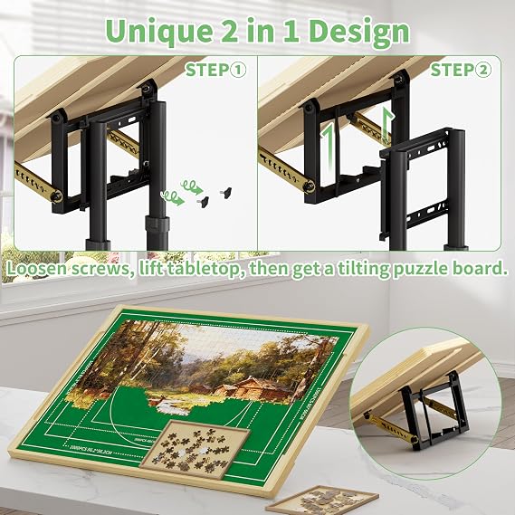 CODACE Puzzle Table with Drawers - Puzzle Tables for Adults with Drawers, Hand-Cranked Height-Adjustable Puzzle Tables with Leg, Tilting Puzzle Board with 6 Tray and Cover, Present for Puzzles Lover