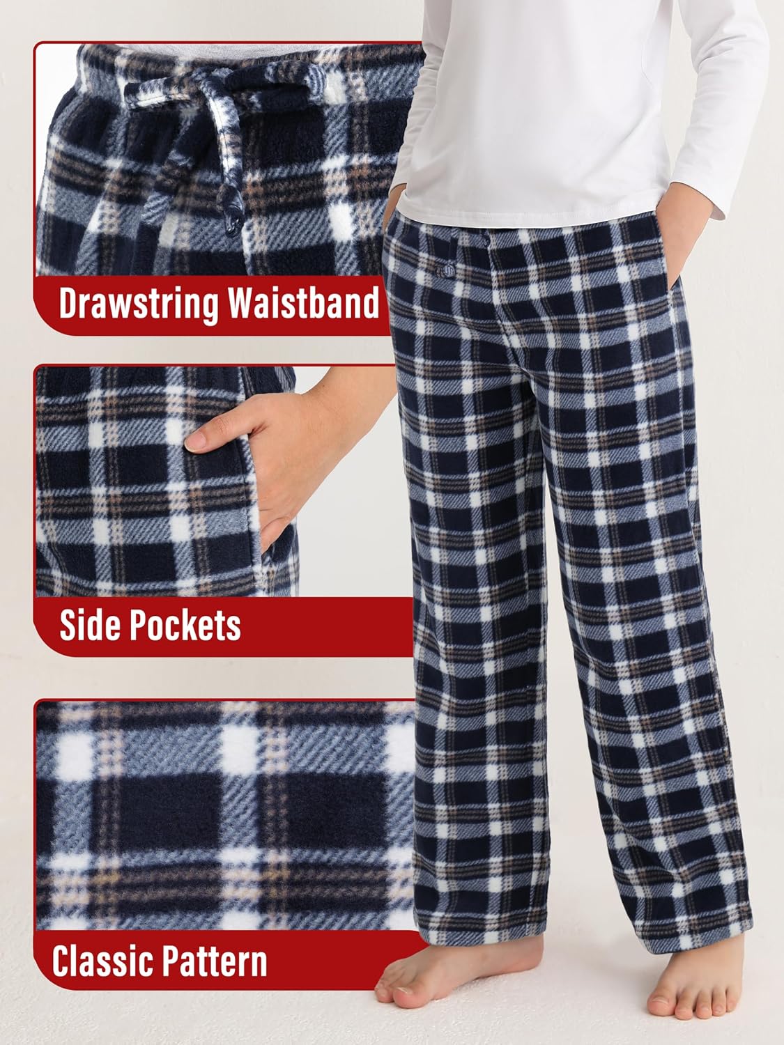 Motarto 4 Pack Boys Soft Pants Micro Fleece Kids Christmas Plaid Pants Elastic Waistband with Pockets Drawstring