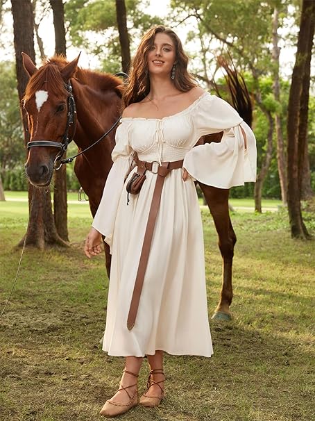 SCARLET DARKNESS Middeleeuwse damesjurk met vetersluiting en pofmouwen, hoge taille, renaissance-maxi-jurken, Abrikoos, L