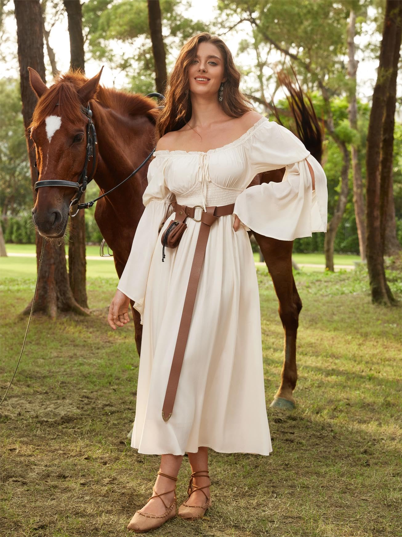 SCARLET DARKNESS Damen Renaissance Kleid Mittelalter Bauernkleid Schulterfrei Lange Glockenärmel Kleider