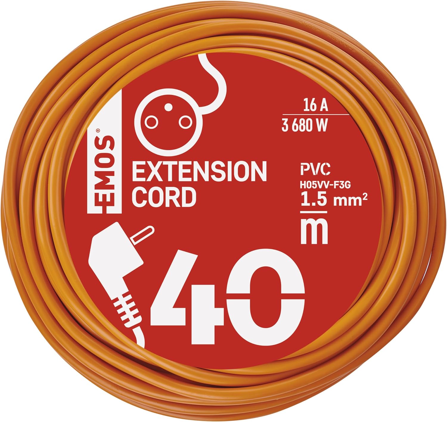 Удлинитель EMOS IP20, 40 м, 1 розетка, 230 В, 16 А, 3680 Вт, ПВХ изоляция H05VV-F3G 1,5 мм², повышенная защита, для использования