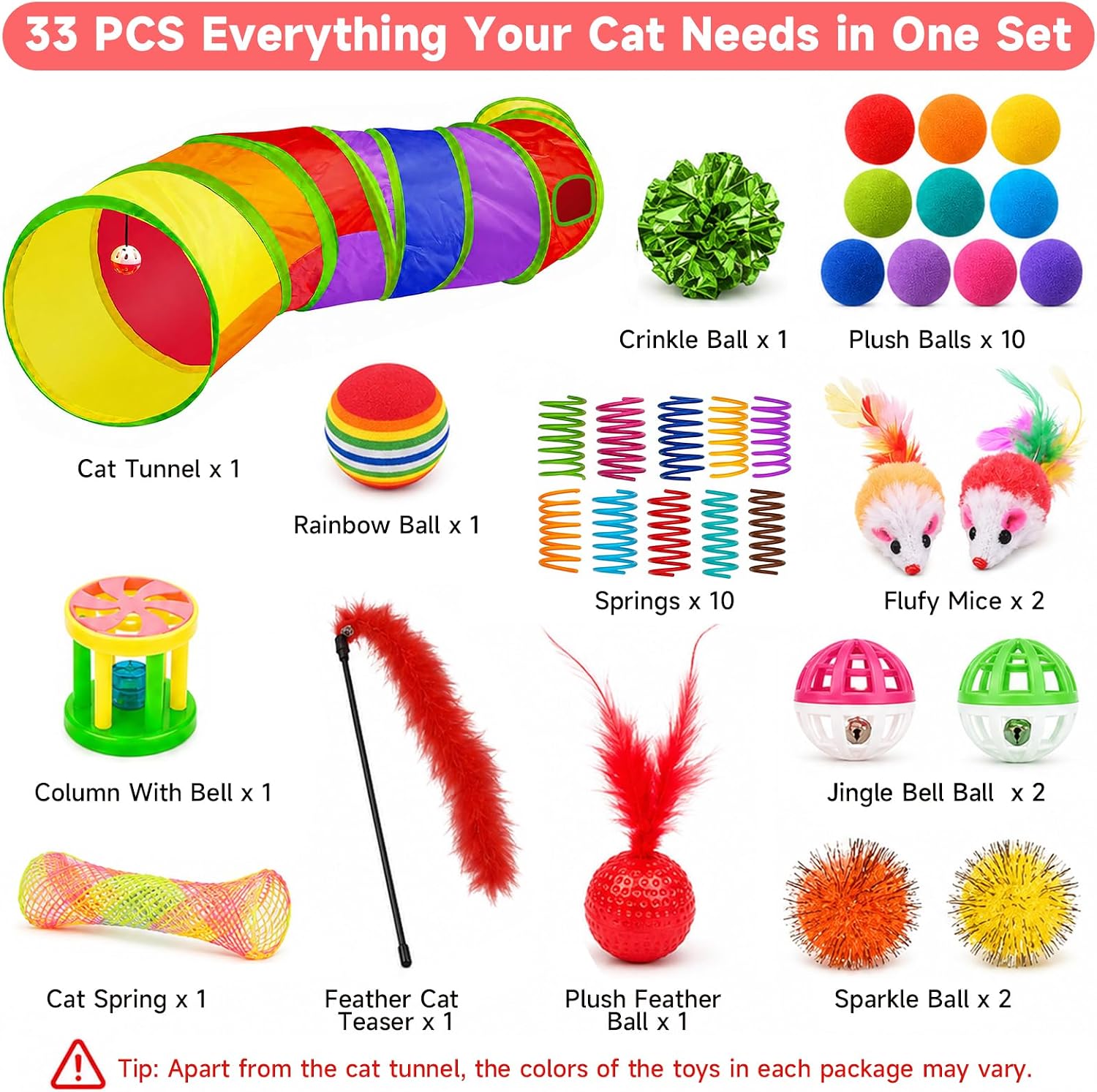 AILUKI 33PCS Cat Toys Variety Pack for Indoor Cats, Kitten Toys Cat Tunnel | Kitten Toys for Indoor Kittens Cat Toy Bundle Set with Feather Teaser Wand, Springs Balls Bell Mice & Interactive Cat Toys