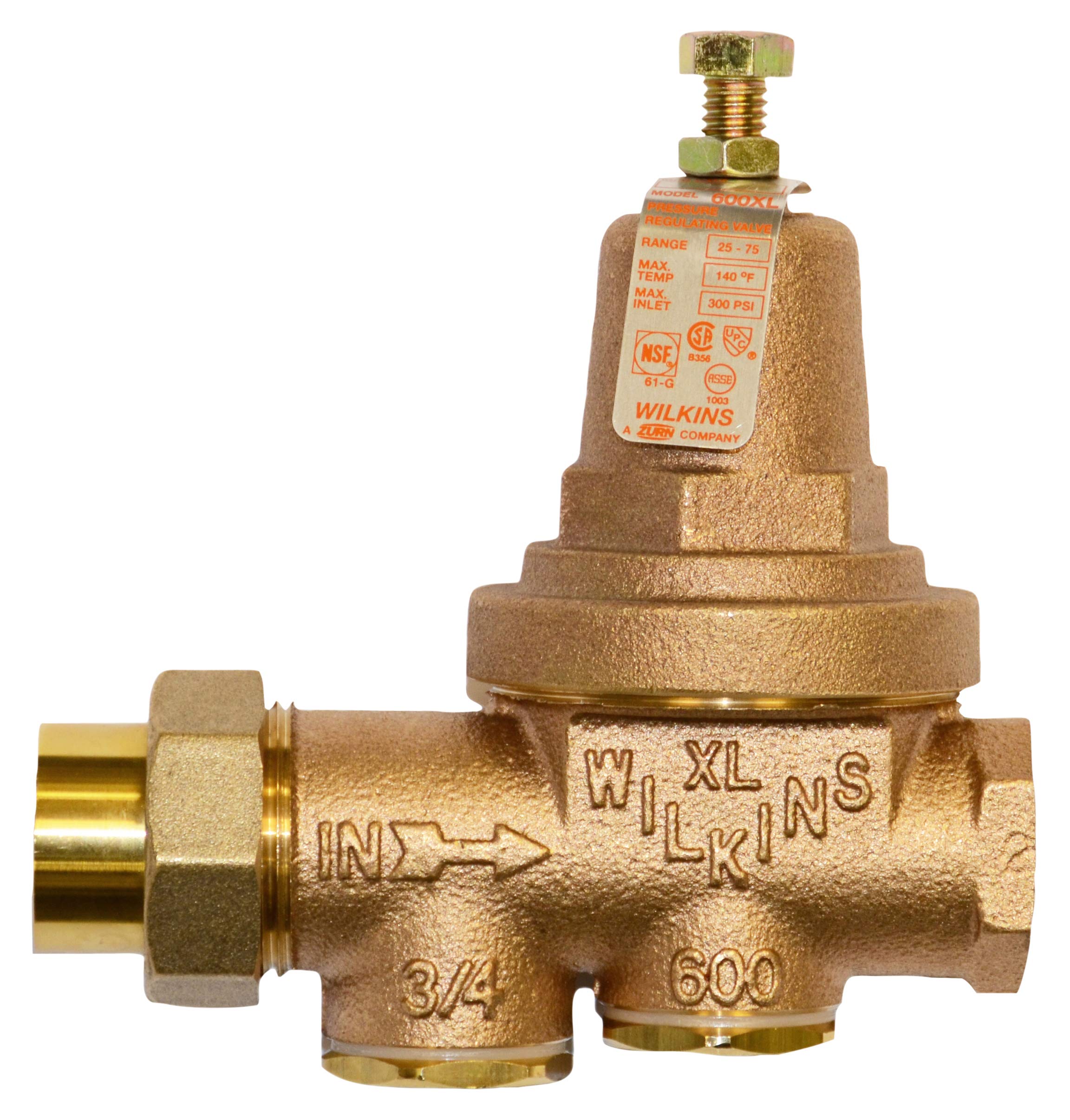 Zurn Wilkins 1-1/2" 600XL Pressure Reducing Valve with a spring range from 75 psi to 125 psi, factory set at 85 psi