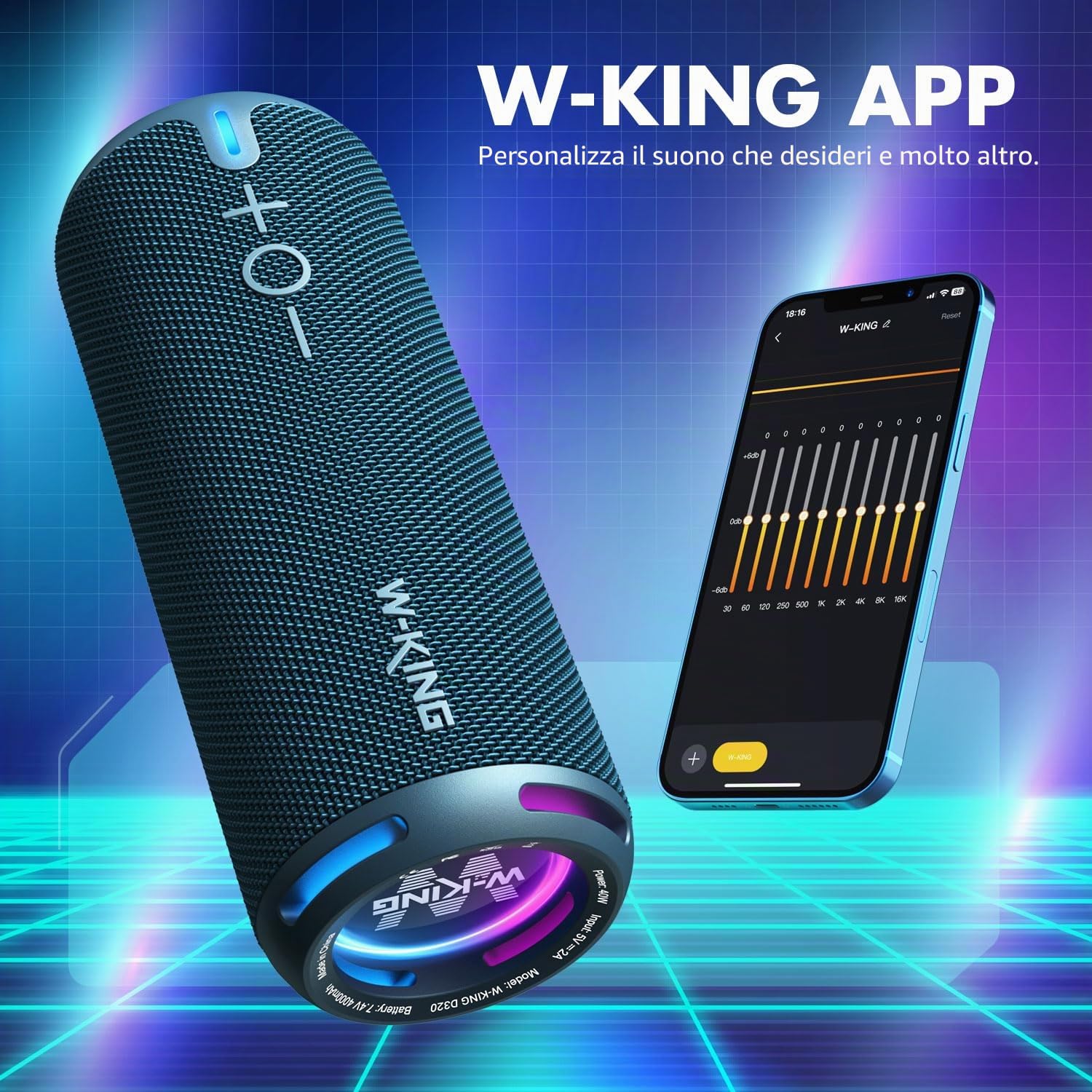 W-KING Cassa Bluetooth Potente Portatile, 40W Altoparlante Speaker Bluetooth Impermeabile IP67, APP EQ Personalizzata/Bassi Profondi, Audio Stereo 360° da Con Luci/V5.3/DSP/24H/TF/AUX,Per Doccia,Party