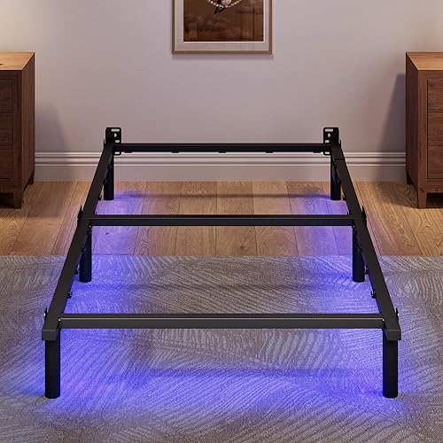 Base de cama tamaño individual con LED, base de cama metálica de acero de 18 cm para somier y colchón, base de cama resistente básica con estación