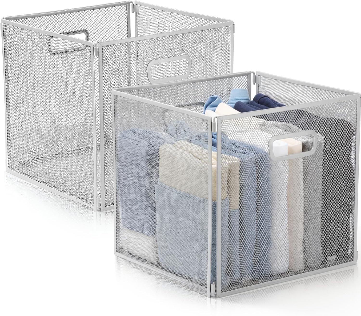 2 Pcs Easter Foldable Metal Cube Storage Baskets 13" x 13" Gray Kitchen Wire Baskets Stackable Mesh Laundry Organizer Bin with Handles for Shelves Kitchen Pantry Cabinets Closet Food