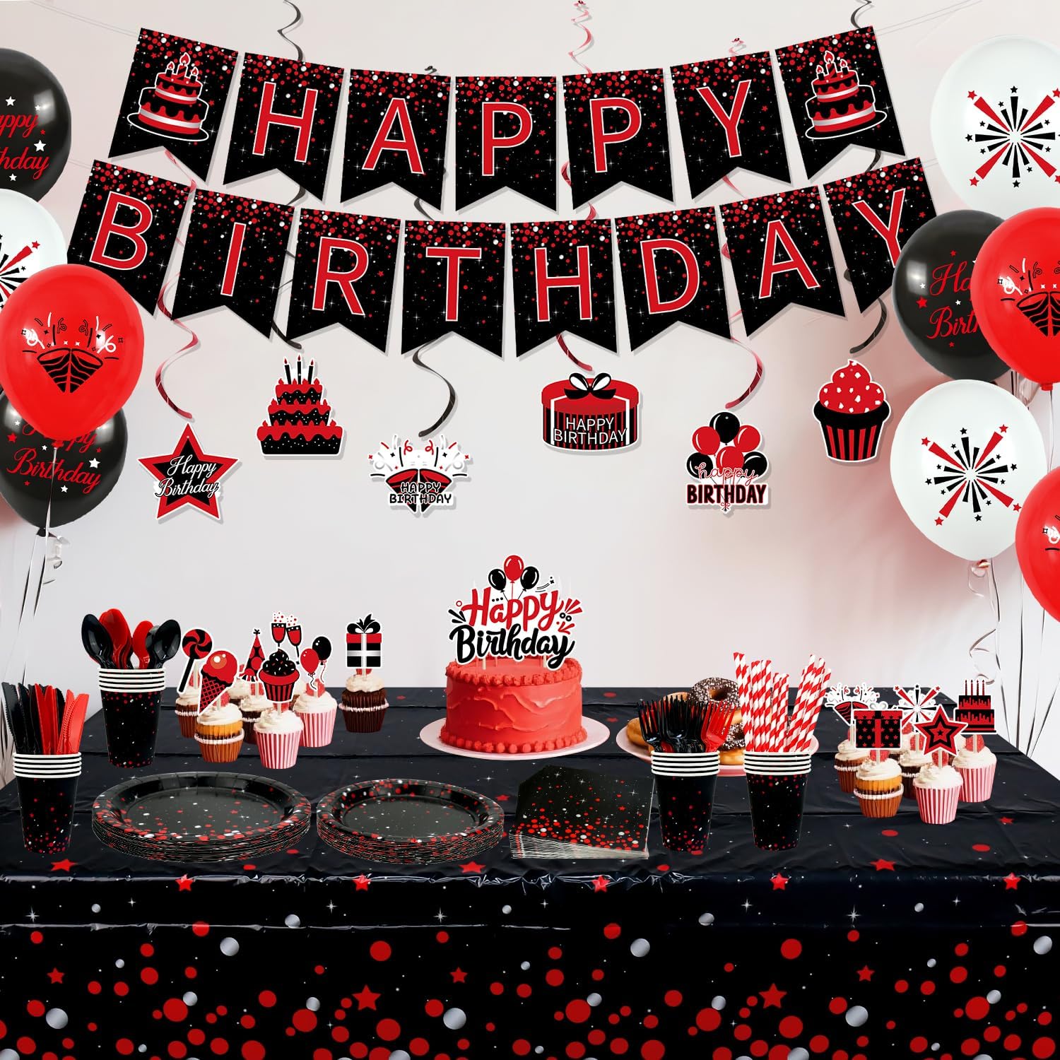 KEFAN Red Black Birthday Party Decorations, Red Black Theme Party Tableware Supplies including HAPPY BIRTHDAY Banner, Plates, Cups, Napkins, Tablecloth, Balloons, Serves 20