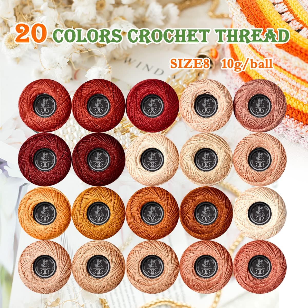 Soft 20 Colors Classic Crochet Thread 20 Pack,100% Cotton (Golden Brown-977-3064)
