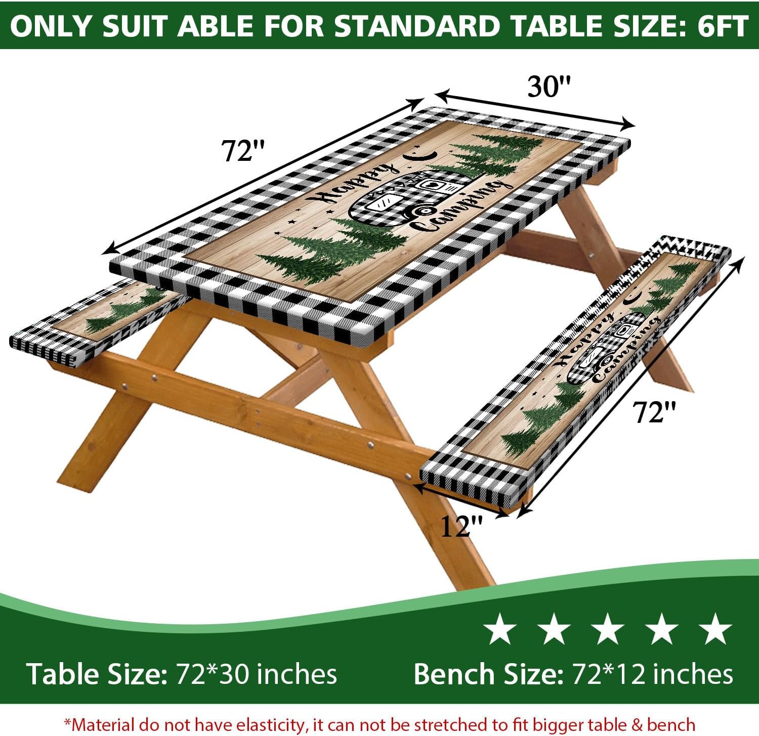3PCS Picnic Table Cover with Bench Covers Elastic Edges, Farm Plaid Camping RV Waterproof Windproof Tablecloth with Drawstring Bag, Outdoor Patio Camping Essentials, 96in, Black White