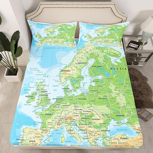 Erosebridal Juego de sábanas de mapa del mundo, tamaño individual XL, juego de ropa de cama azul océano para niños y niñas, mapa de varios países,